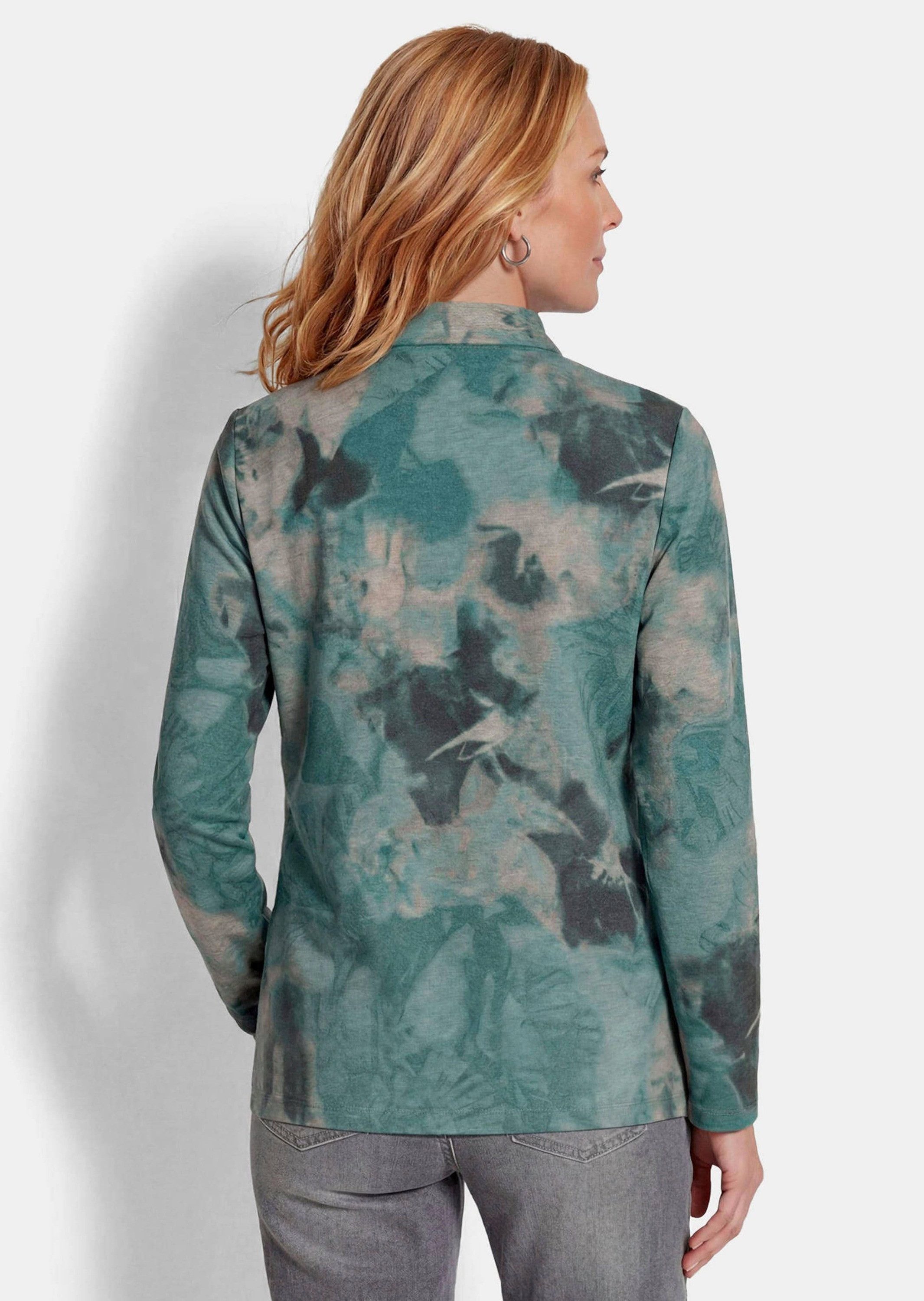 GOLDNER Sweatshirt Troyer mit glänzendem Print Sweatpullover mit Langarm, Kordeln und Reißverschlusskragen