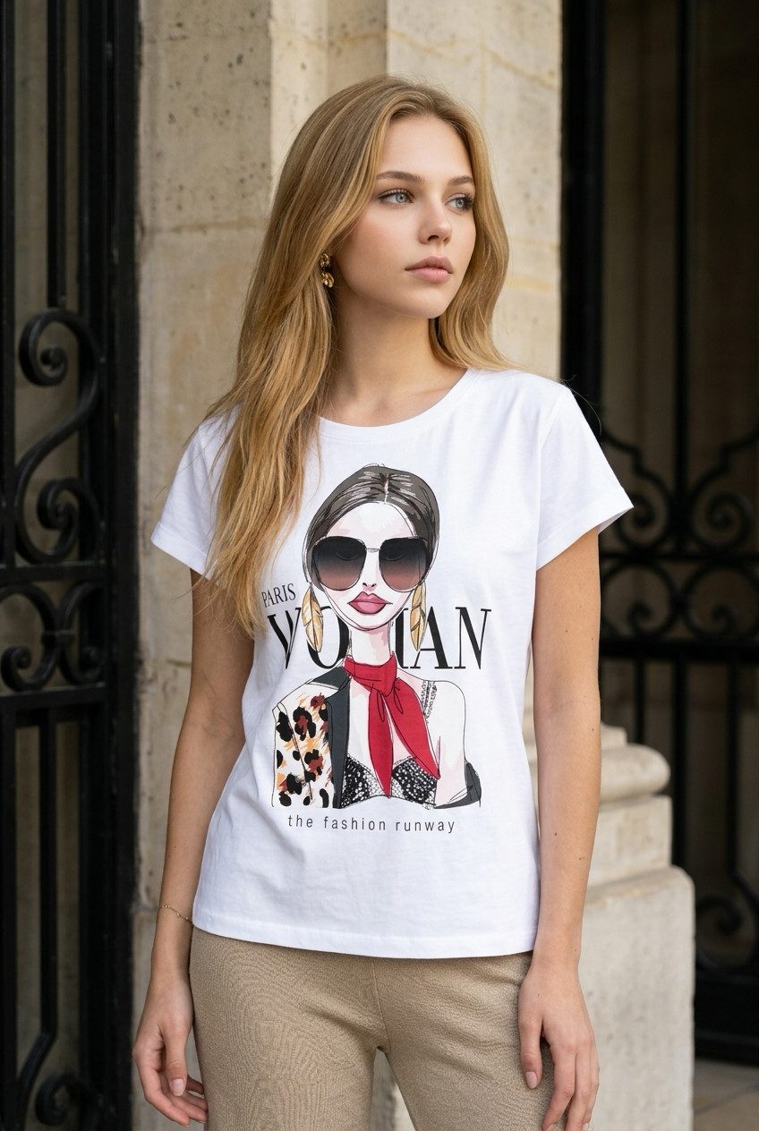 Zuckerwatte Print-Shirt Rundhalsshirt, modischer Frontprint "Paris Woman", aus 100% Baumwolle