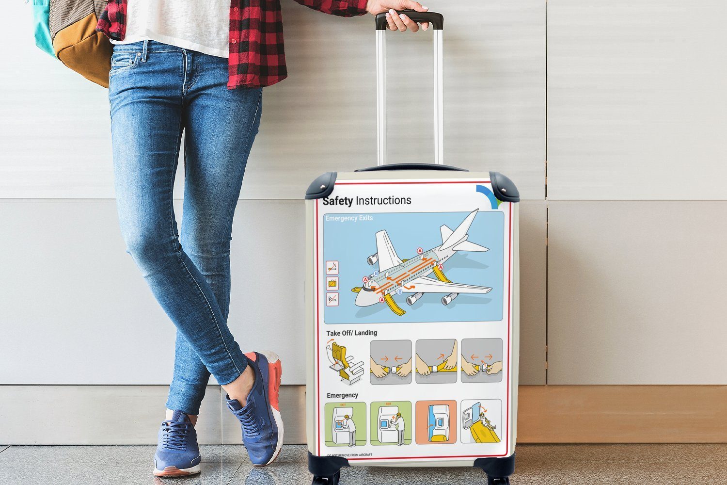 MuchoWow Handgepäckkoffer Illustration einer Sicherheitskarte Rollen, 4 Handgepäck Ferien, Flugzeugs, mit Reisetasche rollen, eines Reisekoffer für Trolley