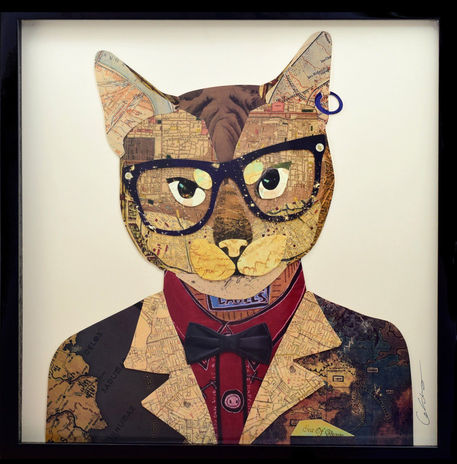ROOGU Bilder-Collage ROOGU 3D Collage Kunst Art Wandbild Handgefertigt, Katze