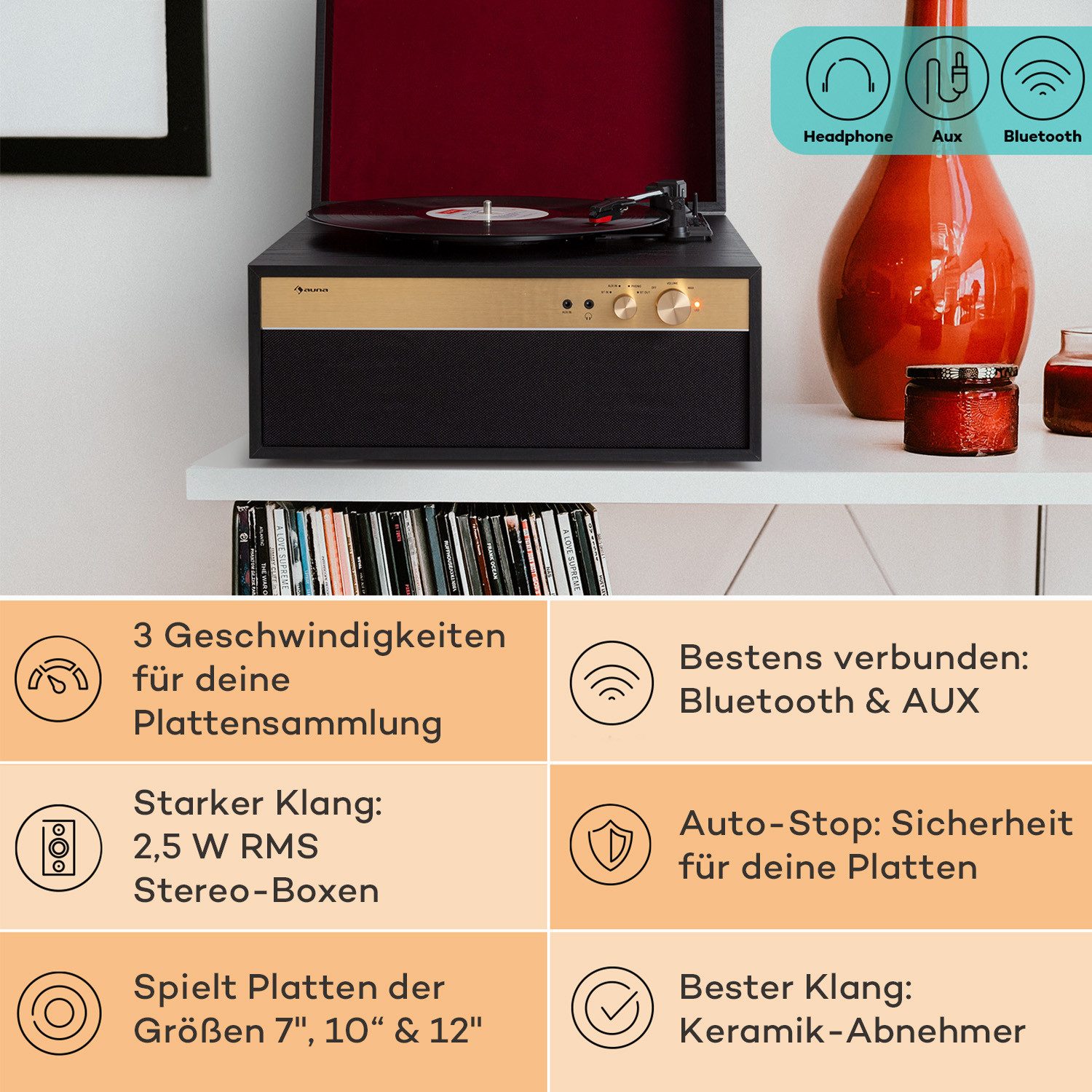 Auna Berklee TT Case Plattenspieler (Riemenantrieb, Bluetooth, Bluetooth lautsprecher Kopfhöreranschluss AUX IN Schwarz) – Bild 2 von 5