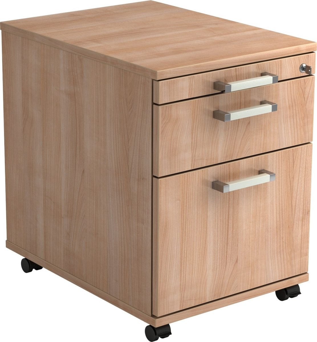 Container Rollcontainer 58cm 1 Schub 1 Hängeregistratur Schloss Chromgriff Nussb
