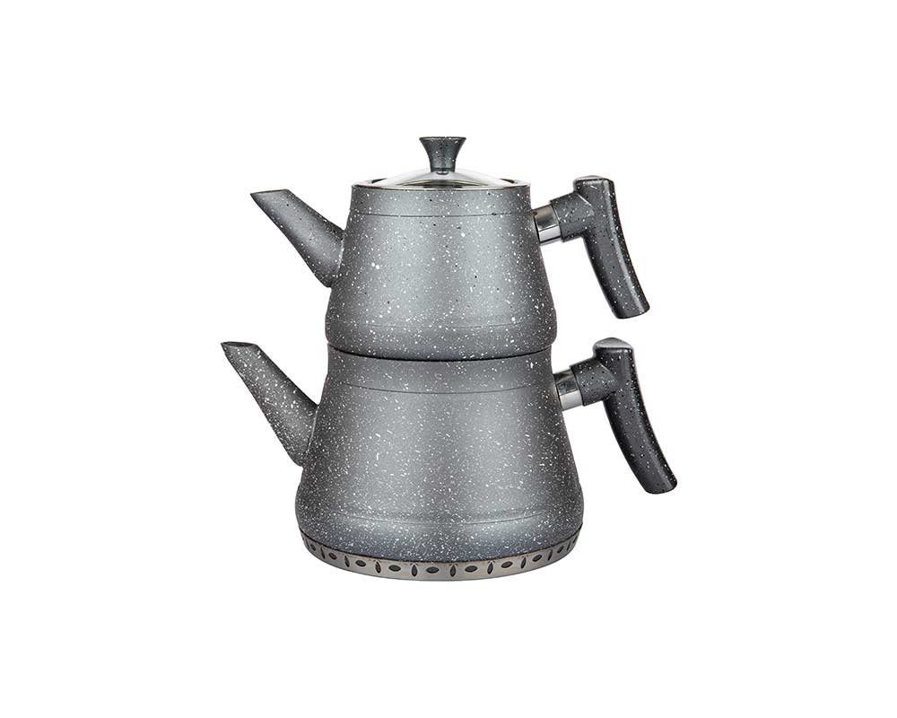 Schäfer Elektronik Teekanne - Caydanlik Teekessel und Wasserkessel in Granitoptik, ideal für Familien, perfekt für Teegenuss