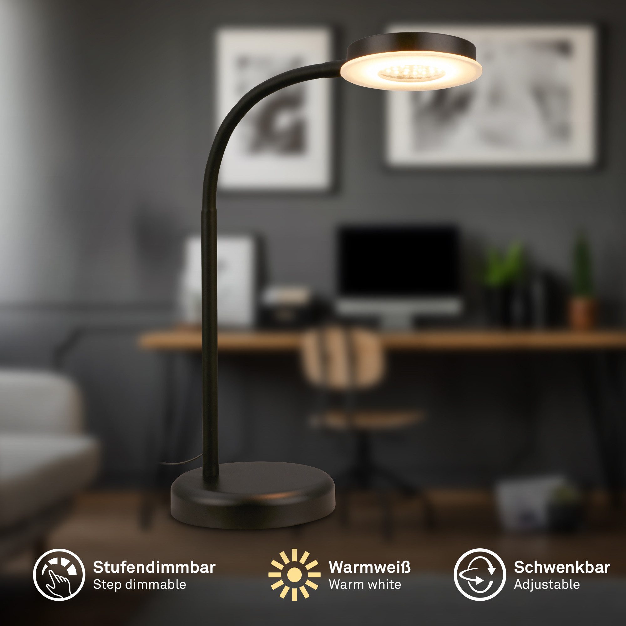 Briloner Leuchten LED Tischleuchte Schreibtischlampe modern Büro Nachttischlampe dimmbar Home Office, 3000K, 13x55,5 cm 8W Leselampe Büro Schlafzimmer Schwarz Beige