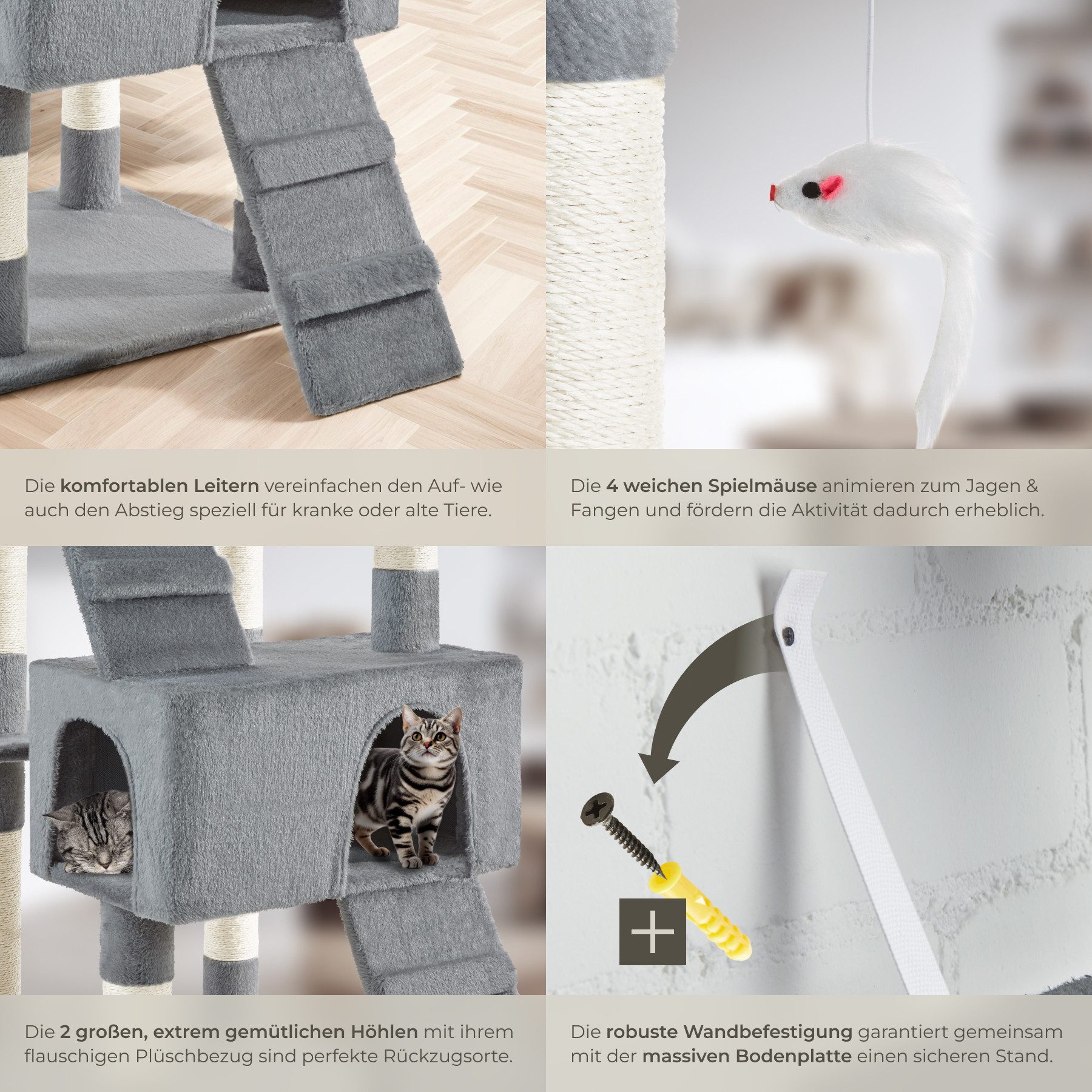 tectake Kratzbaum Katzenbaum Barney 170 cm Diverse Farben, Vielseitig mit robusten Sisalstangen und Plüschoberfläche