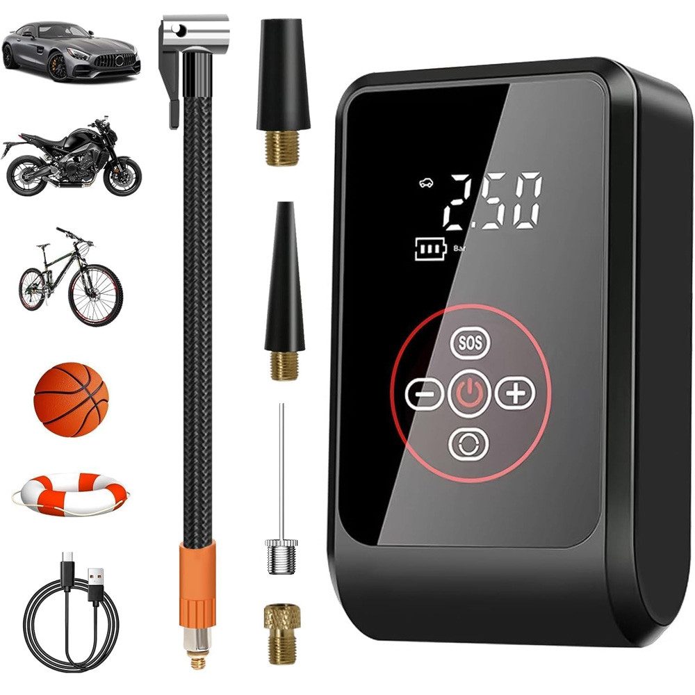 TUWENA Akku-Luftpumpe Elektrische Luftpumpe, Kabellose Reifenpumpe mit Manometer (150 PSI), LED-Leuchte, Tragbarer Fahrradpumpe für Auto/Fahrrad/Motorrad/Ball