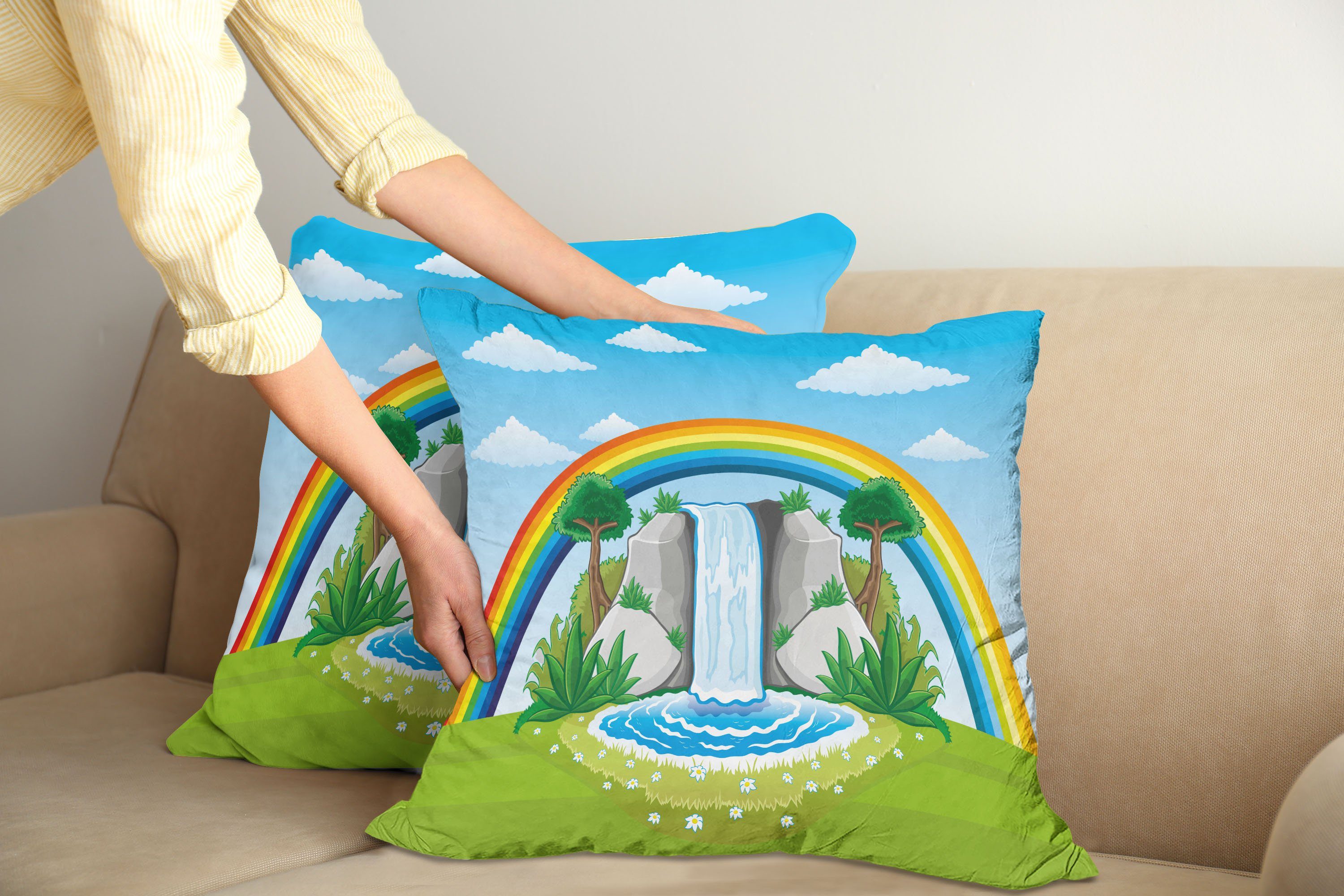 Oase Digitaldruck, Doppelseitiger (2 und Regenbogen-Cartoon Wasserfall Modern Abakuhaus Kissenbezüge Accent Stück),