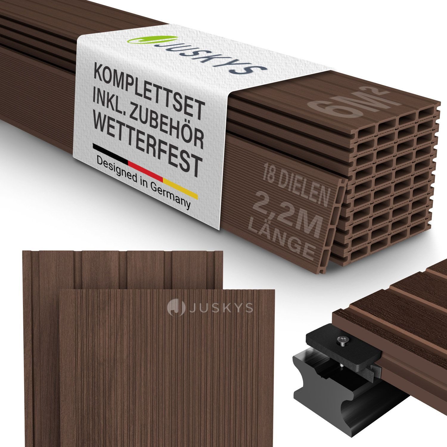 Juskys Terrassendielen, 6 m², BxL: je 14.6x220 cm, (18-St., 6 m), 6m², Witterungsbeständig, Raue Oberfläche, 330 kg/m² belastbar