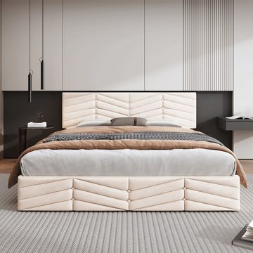 SOFTWEARY Polsterbett Doppelbett mit Lattenrost und Bettkasten (140x200 cm), Kopfteil höhenverstellbar, Samt
