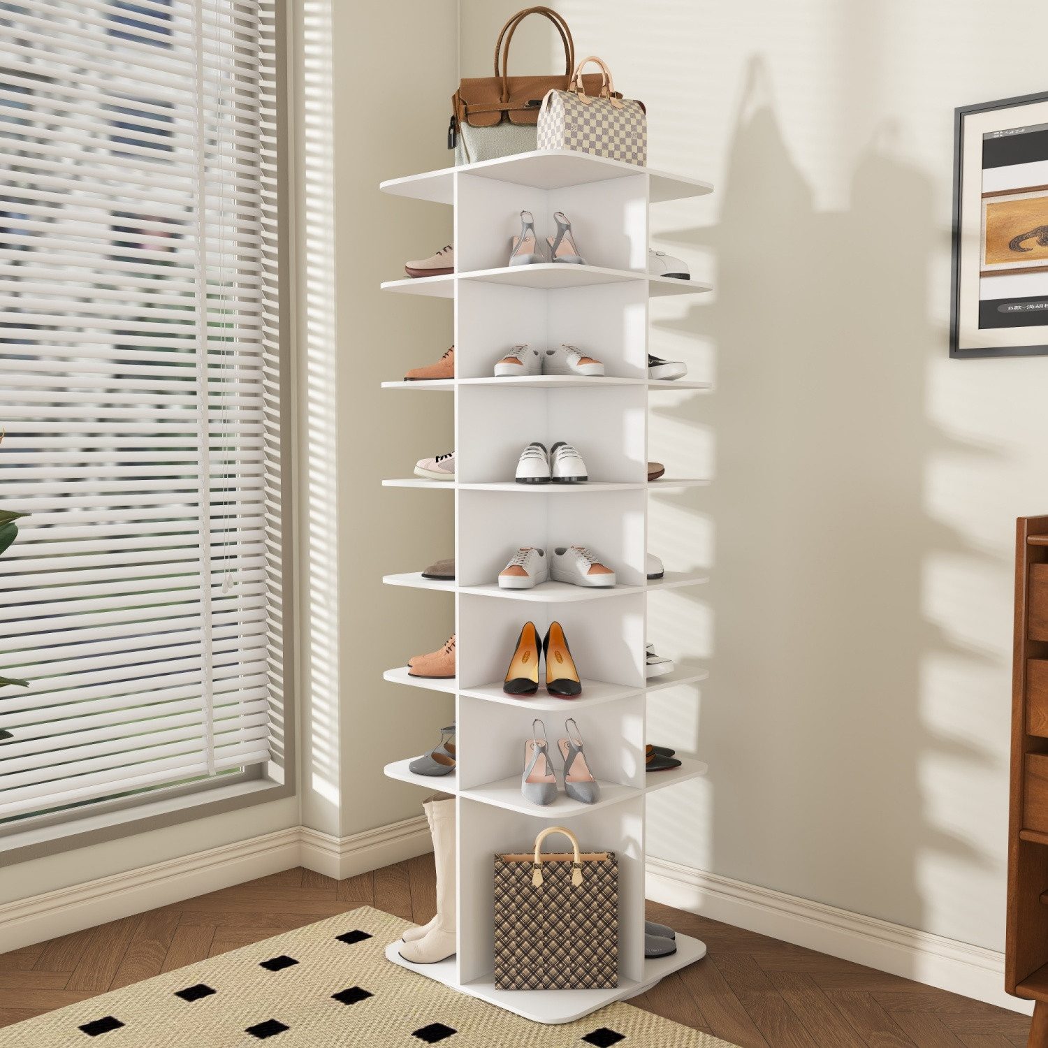 ANYSUN Schuhschrank Schuhregal 360° drehbar, 7/8 Ebenen, platzsparender Schuhturm Freistehend, mit hohem Stiefelfach, für Flur, Ankleide & Schlafzimmer