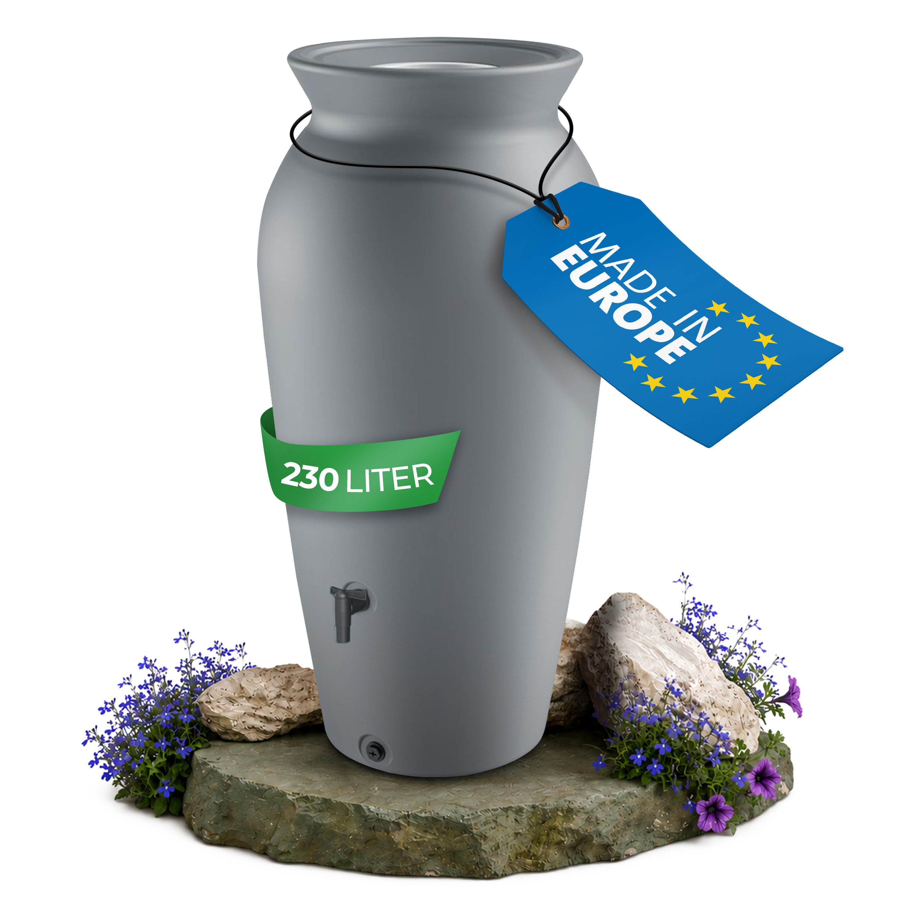 YourCasa Regentonne 120-230 Liter [DropCatcher] mit Filterkorb, 230 l, Frostsicher, Filterkorb, Wasserhahn