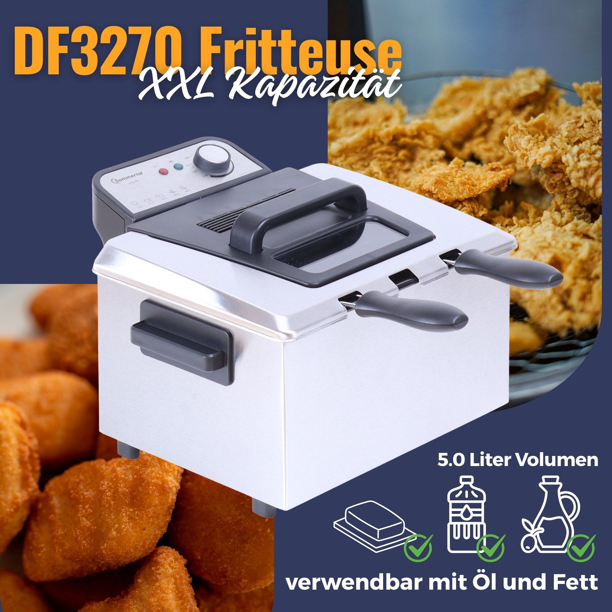 Sommertal Fritteuse, Kaltzone, DF3270 – echte Edelstahl Fritteuse für knusprige Pommes