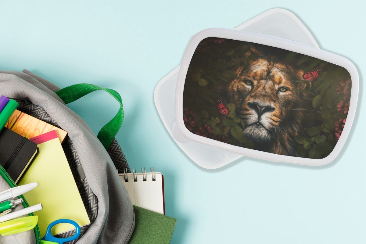 Kinder - Löwe weiß Schmetterling Erwachsene, MuchoWow Kunststoff, (2-tlg), für Mädchen Brotbox - Blumen, und Brotdose, - Lunchbox Dschungel Jungs und für