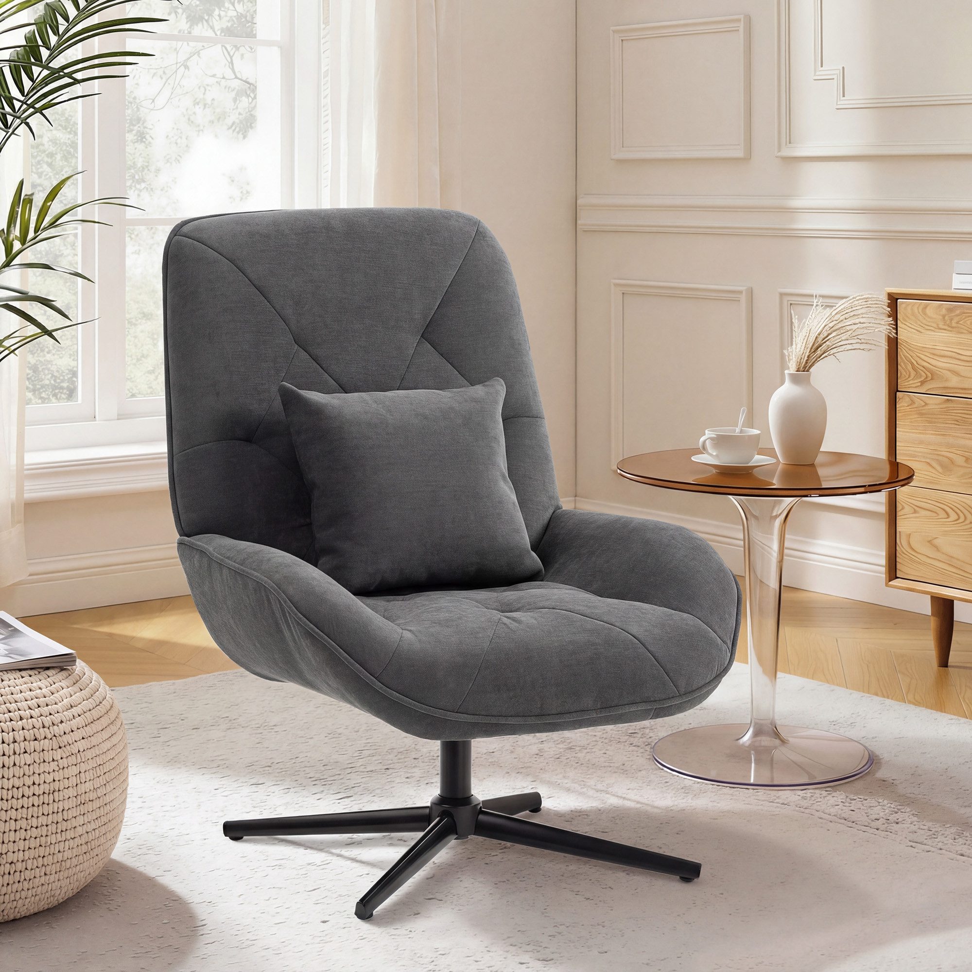 OKWISH Relaxsessel Drehbarer Akzentstuhl 72 x 92 x 96 cm, Chenille Polstersessel (1-St., Wohnzimmer Stuhl modern, Sitzmöbel mit Drehfunktion in Dunkelgrau), Sessel mit hoher Rückenlehne, Lendenkissen und tiefem Sitzkomfort
