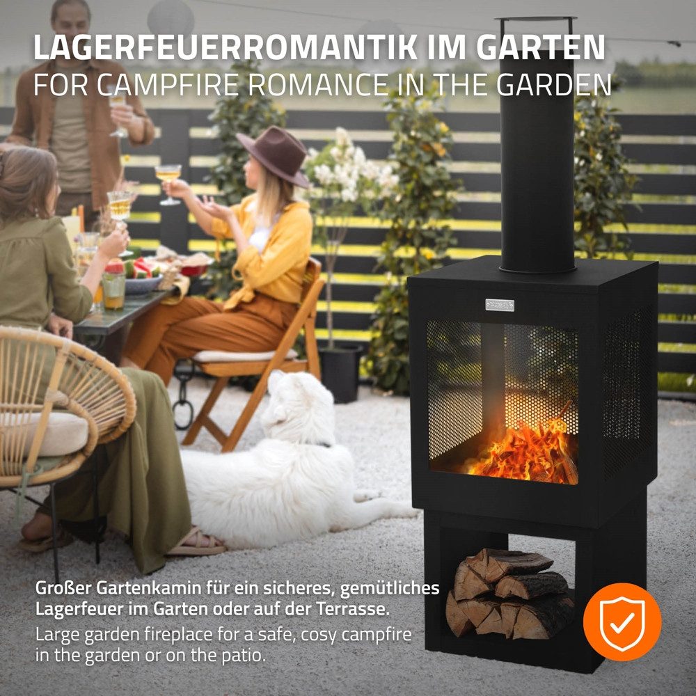 ML-DESIGN Feuerstelle Gartenkamin mit Schornstein Stahl Outdoor Terrassenofen mit Schürhaken, 128x40cm Schwarz abnehmbarem Dach Holzablage Terrassenkamin Feuerk – Bild 5 von 5