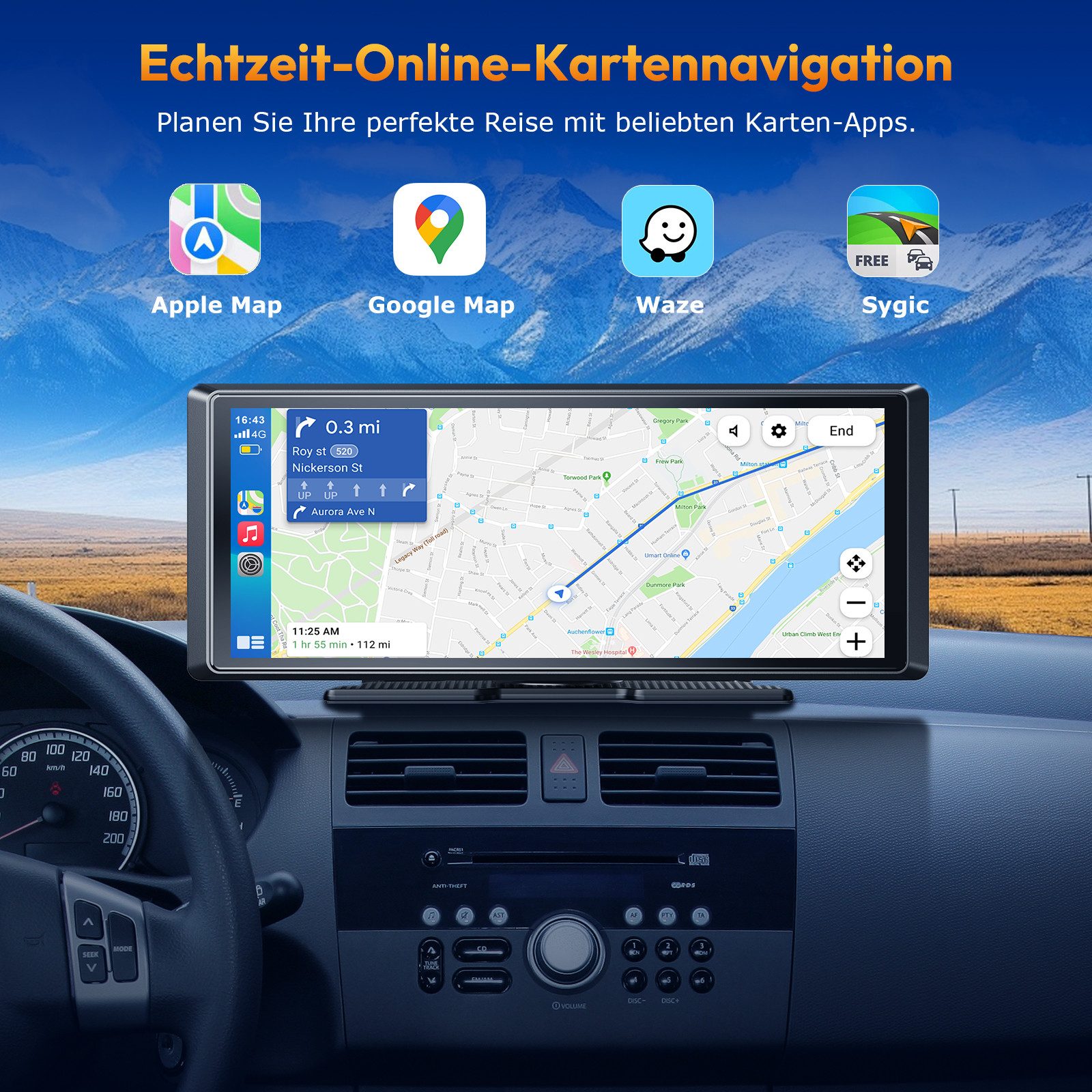 ESSGOO 4K 8,1-Zoll Wireless Apple Carplay Android Auto Vorne Rückfahrkamera Dashcam (Bluetooth, WiFi)