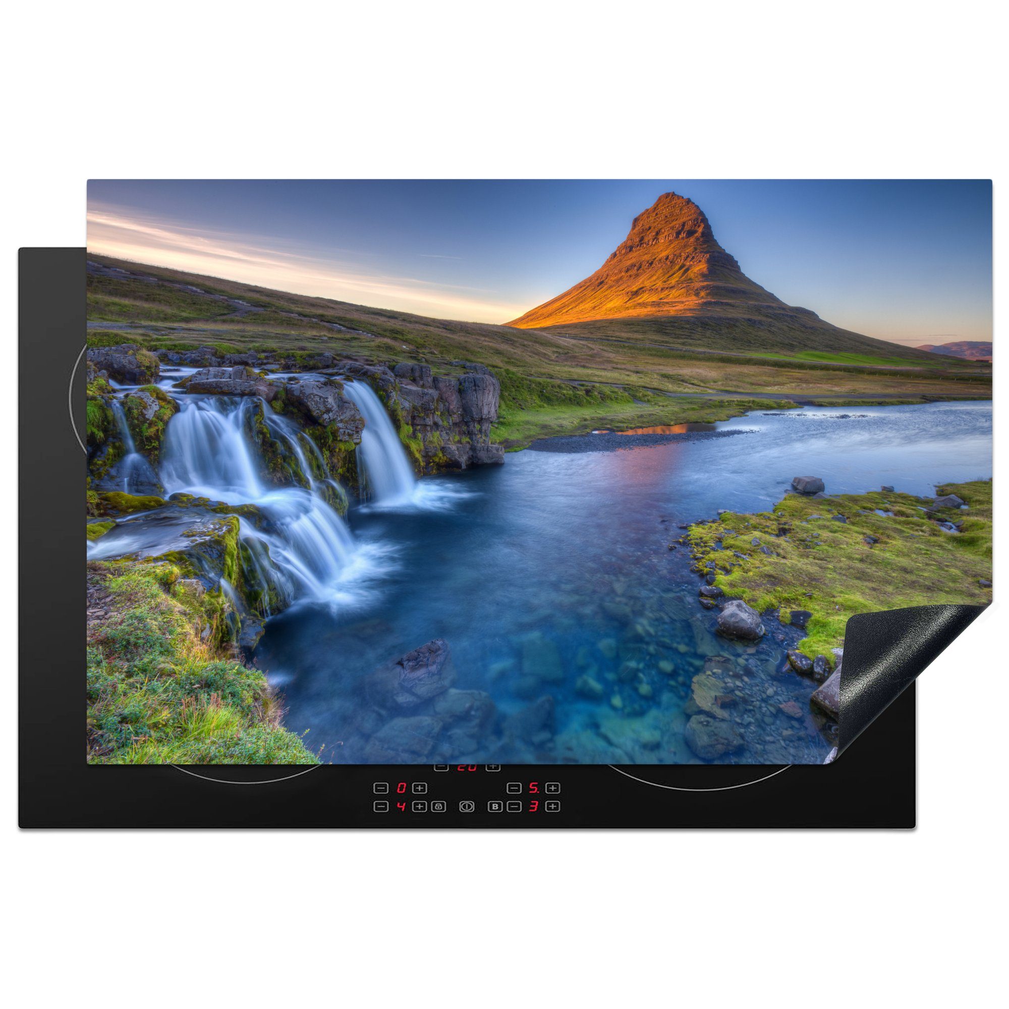 MuchoWow Herdblende-/Abdeckplatte Wasserfälle am Berg Kirkjufell in Island, Vinyl, (1 tlg), 81x52 cm, Induktionskochfeld Schutz für die küche, Ceranfeldabdeckung