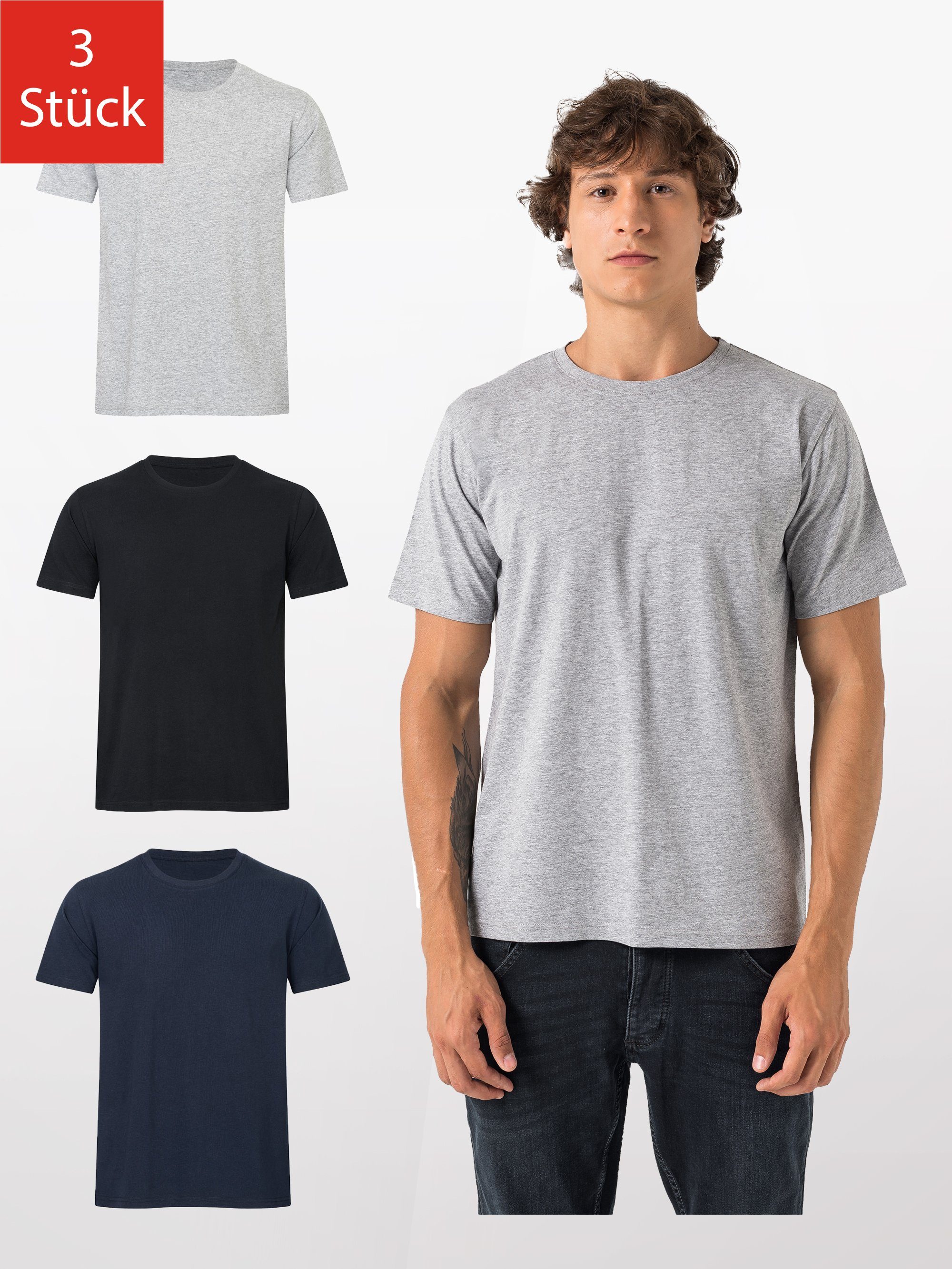 Burnell & Son T-Shirt Tshirt Herren aus 100% Baumwolle Regular Fit Basic Männer Set (S-5XL) (Packung, 3-tlg., 3er-Pack) in Unifarbe 1x Grau + 1x Schwarz + 1x Blau
