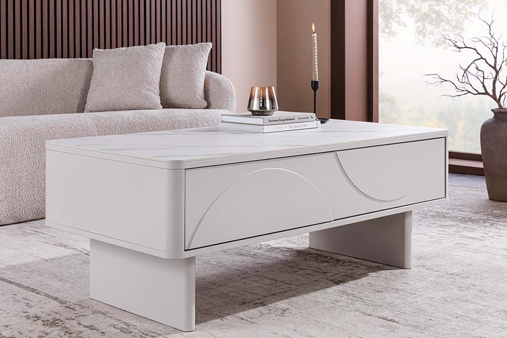 riess-ambiente Couchtisch SAVOY 120cm weiß-Keramik, Schubladen, Stauraum, Reliefstruktur, modern (Einzelartikel, 1-St), Zeitloser Couchtisch in Marmoroptik - ideal für Wohn- und Schlafzimmer