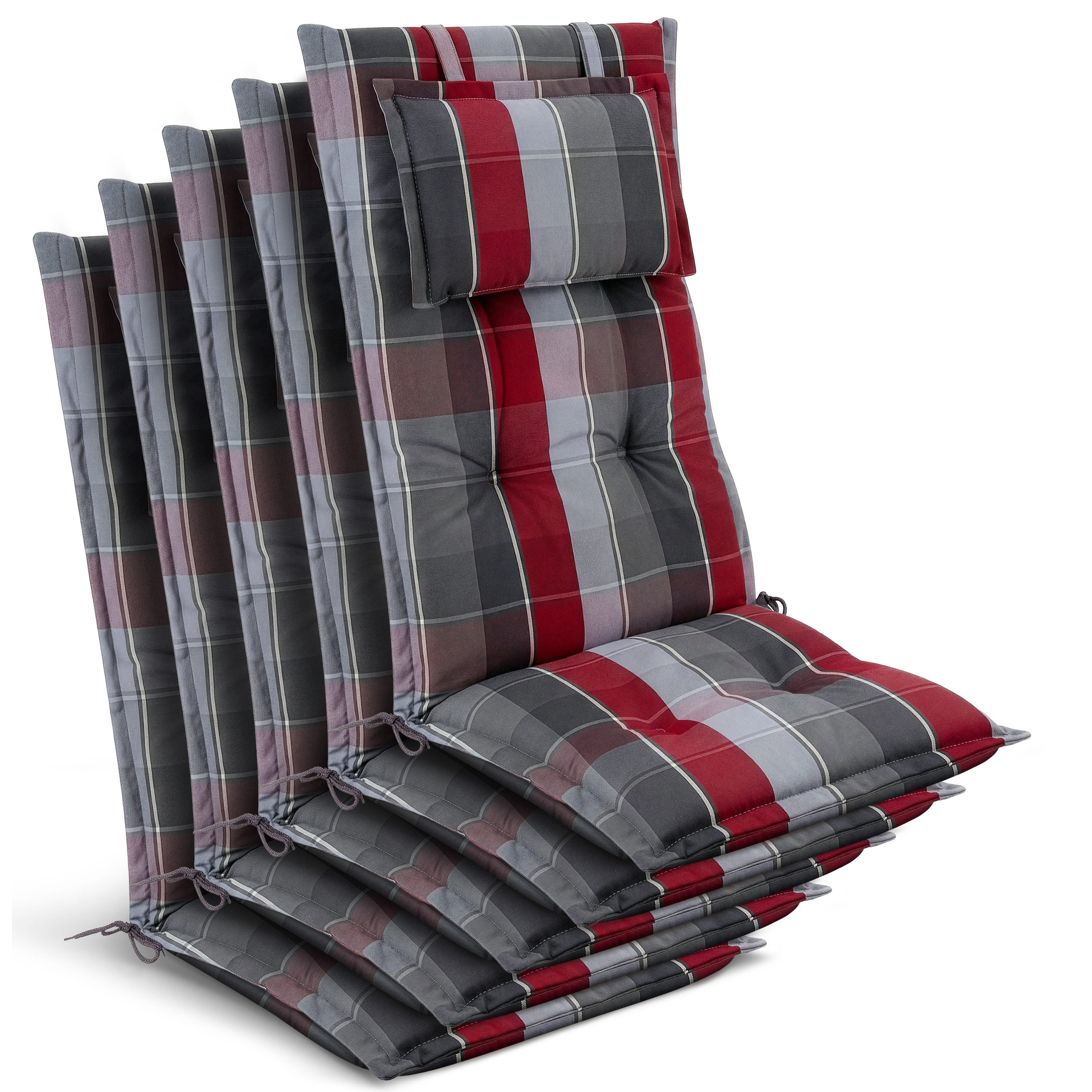 Beautissu Hochlehnerauflage 5x Premium Hochlehnerauflage 120x50x7cm, Grau-Rot-Hellblau-Kariert, Gartenstuhlauflage Hochlehner - Robuster Stoff & UV-Lichtechtheit