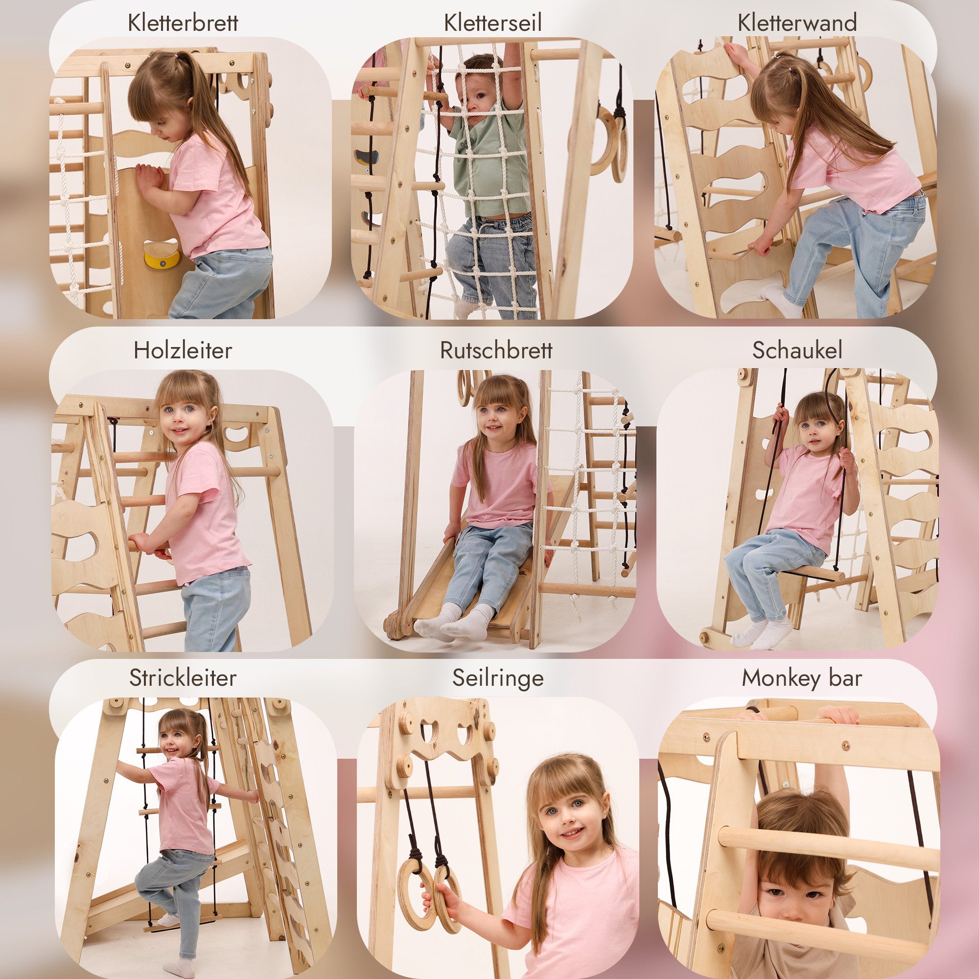 Goodevas Klettergerüst Multifunktionale Schwedenwand & Klettergerüst für Kinder, (Holz-Spielplatz mit Kletterbrett, Kletterseil, Kletterwand, Holzleiter, Rutsch – Bild 5 von 5