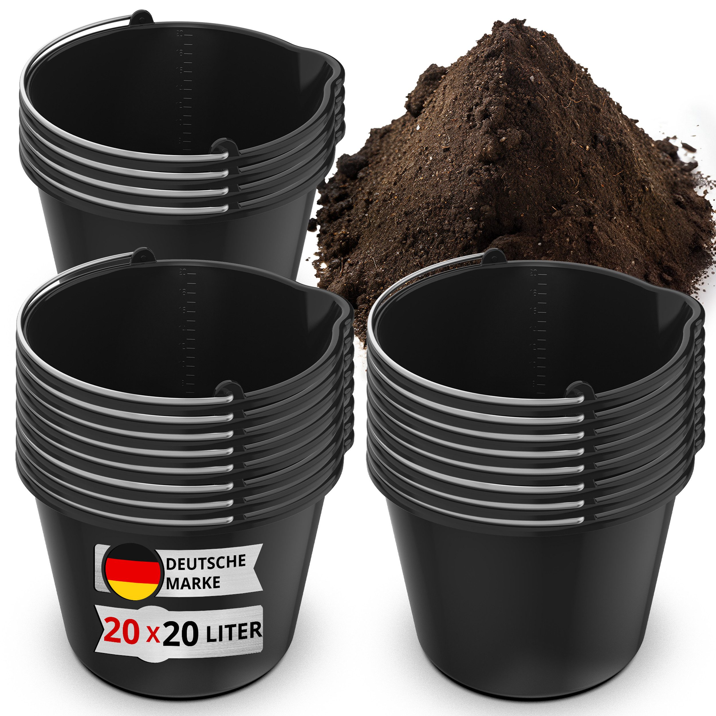 Oramics Baueimer 20x 20L Eimer mit Ausguss Tülle Skala Wassereimer