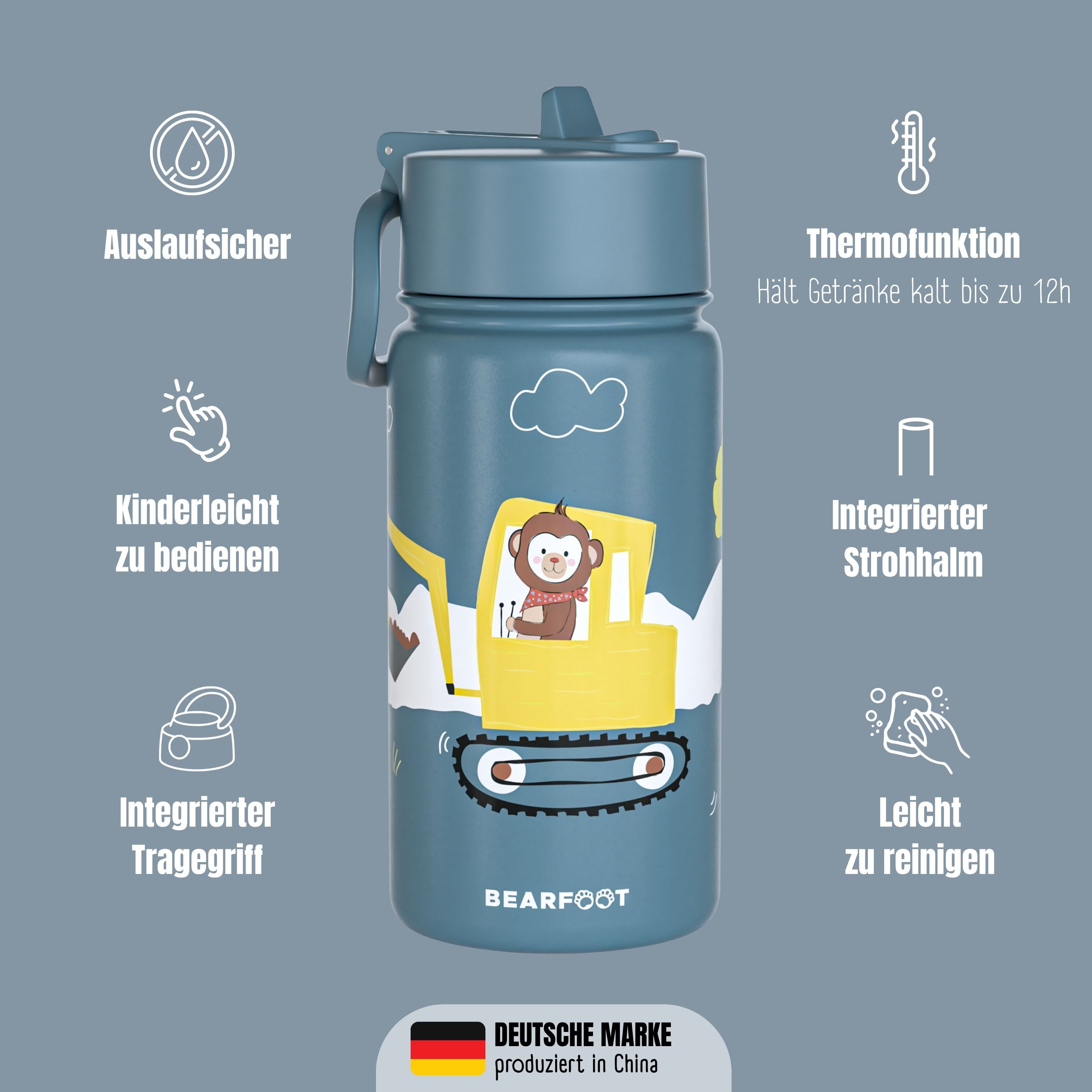 BEARFOOT Trinkflasche Thermo Kinder Trinkflasche Edelstahl - Bagger, Thermosflasche, auslaufsicher, Edelstahl, Kinderflasche, BPA-frei