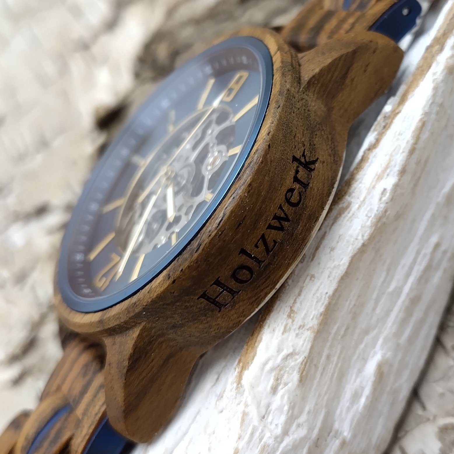 Automatikuhr blau, Holzwerk CRIVITZ gold in braun, Edelstahl Uhr Armband Holz Herren &