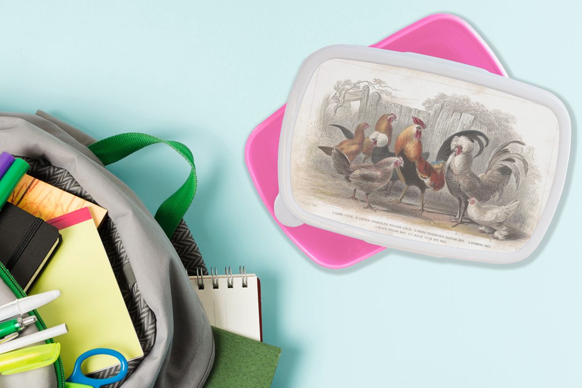 MuchoWow Lunchbox Illustration eines Hahns rosa und Erwachsene, Snackbox, (2-tlg), von Kunststoff, Mädchen, Brotdose Hühnern Kunststoff Kinder, Bauernhof, für Brotbox auf einem