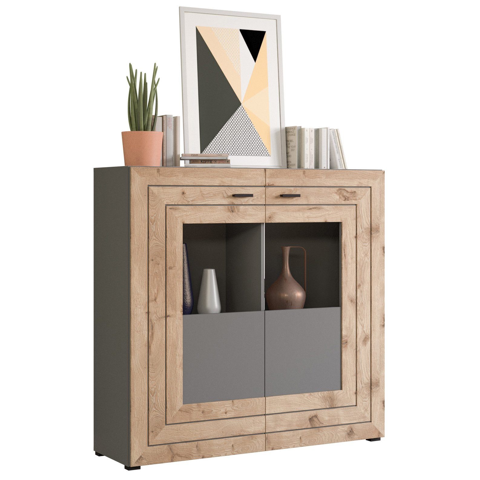 Newroom Highboard Grau 117 cm, Highboard Grau Kommode Schrank Industrial Modern Wohnzimmer Schlafz...
