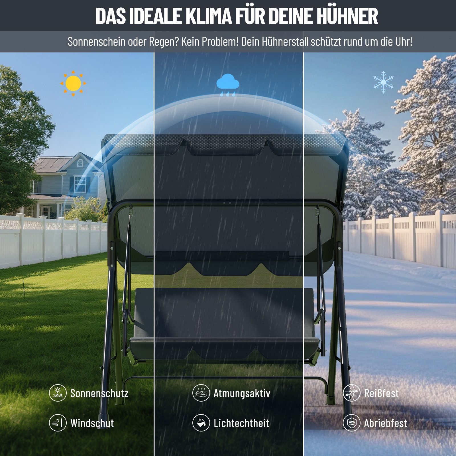 Huracan Hollywoodschaukel 3-Sitzer, Gartenschaukel mit Verstellbarem Sonnendach, 3-Sitzer, 175.5*110*152cm-Klassiker, UV-Schutz Wetterfest, Schaukelbank 220kg Belastbar
