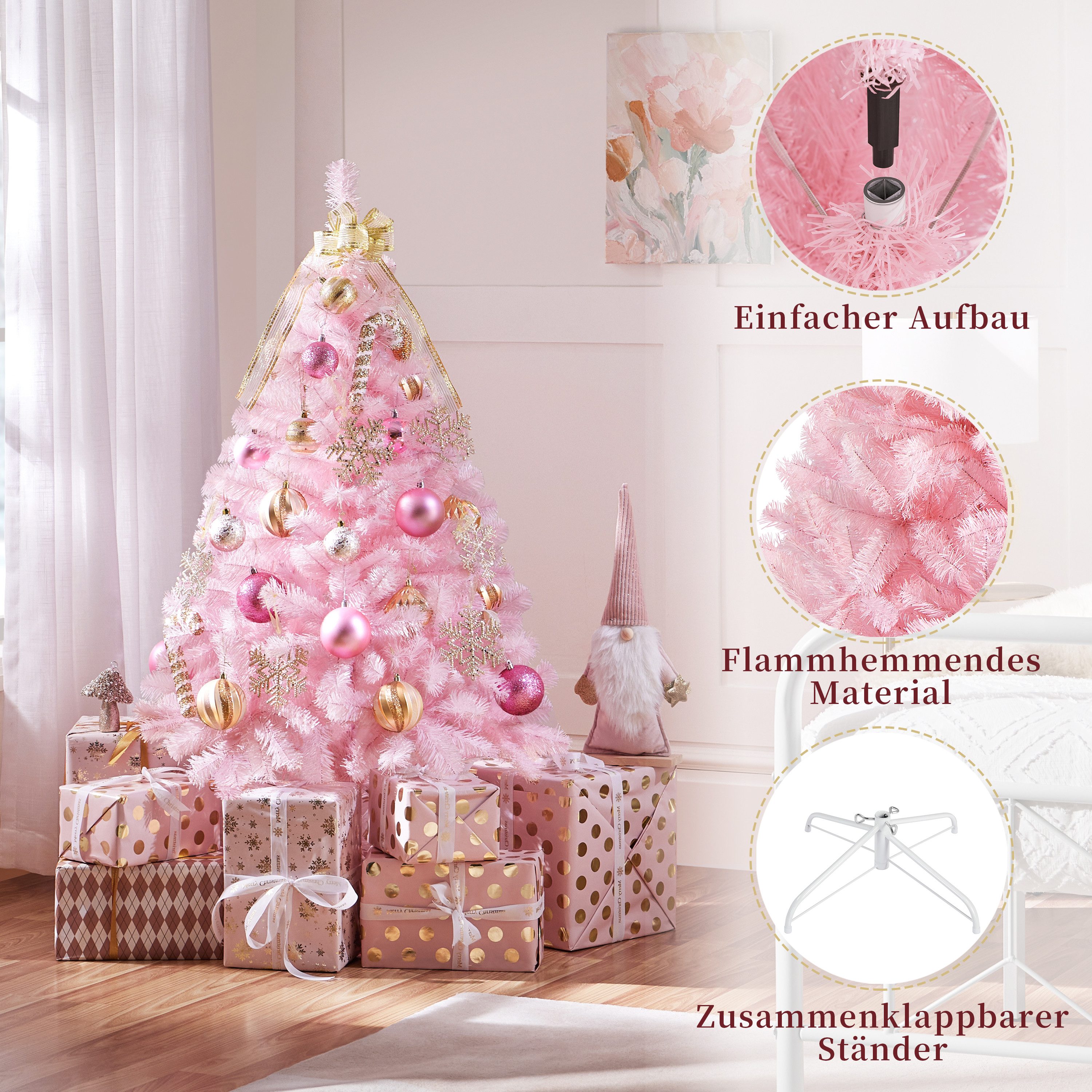Yaheetech Künstlicher Weihnachtsbaum 61-214 cm (H), Tannenbaum, 124cm Weihnachtsbaum mit 208 Spitzen & Faltbarem Metallständer – Bild 5 von 5