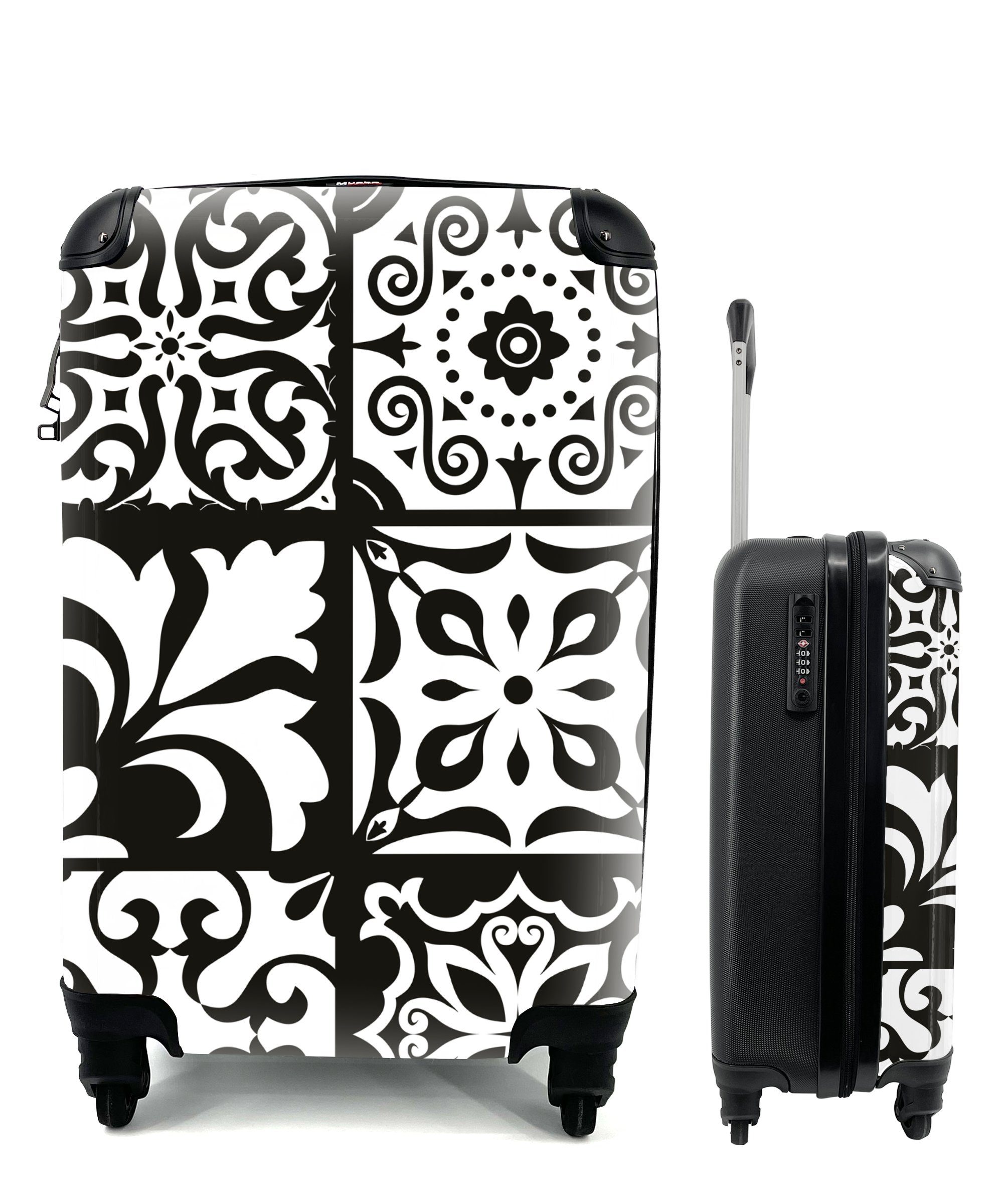 Handgepäckkoffer Weiß Muster Reisekoffer 4 - - Ferien, Reisetasche mit für Trolley, Rollen, Blumen Abstrakt, Handgepäck - MuchoWow rollen, - Schwarz