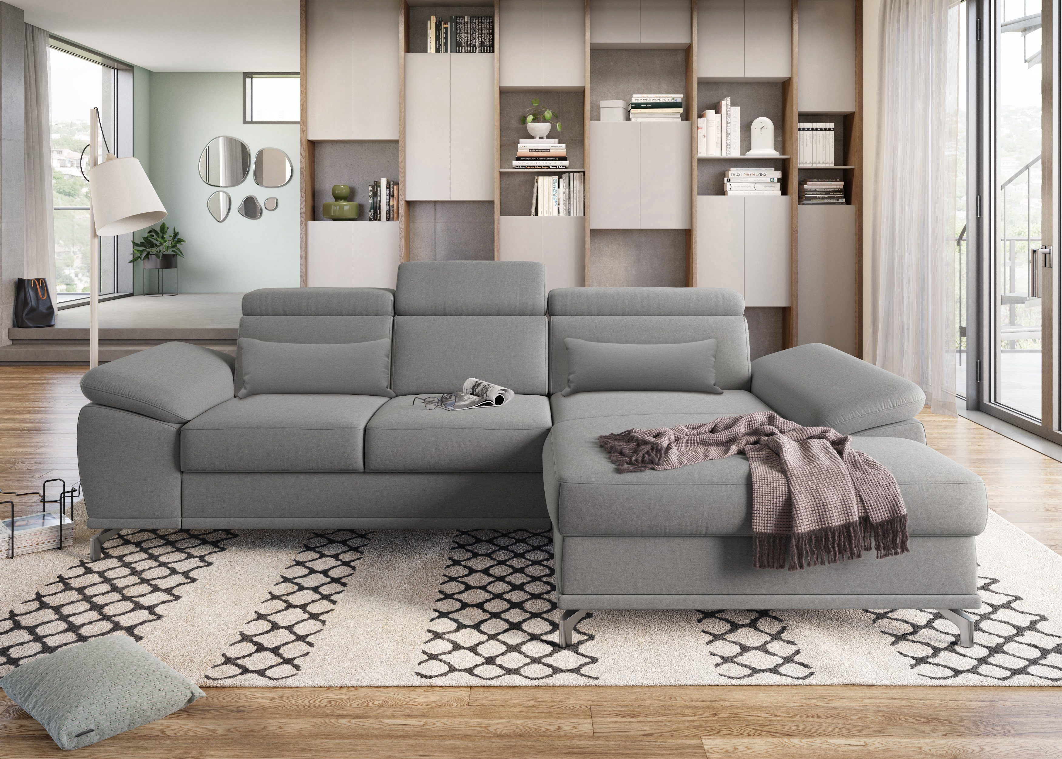 sit&more Ecksofa Cabrio L-Form, B: 295 cm, mit Sitztiefen-, Arm- & Kopfteilverstellung, 2 Nierenkissen, Federkern, optional Bettfunktion und Stauraum