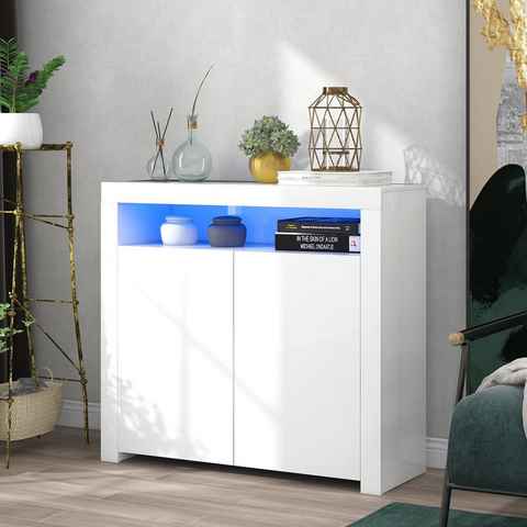 Merax Kommode Bifrost, Sideboard in Hochglanz weiß mit LED-Beleuchtung inkl. Fernbedienung