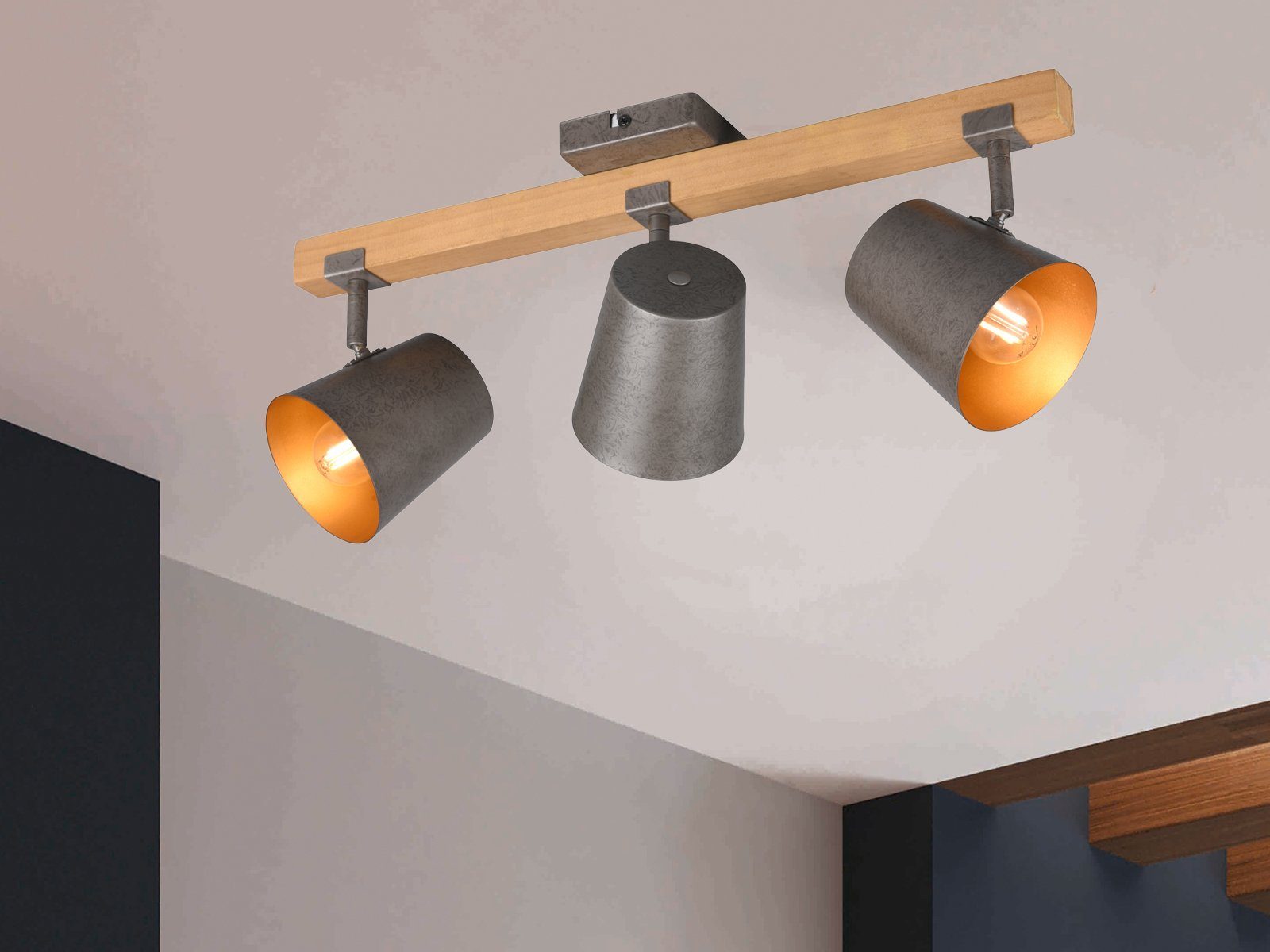 TRIO Leuchten LED Deckenstrahler, Dimmfunktion, LED wechselbar, Warmweiß, ausgefallene Decke-nleuchten Holz-lampe Industrieleuchte, Breite 54cm