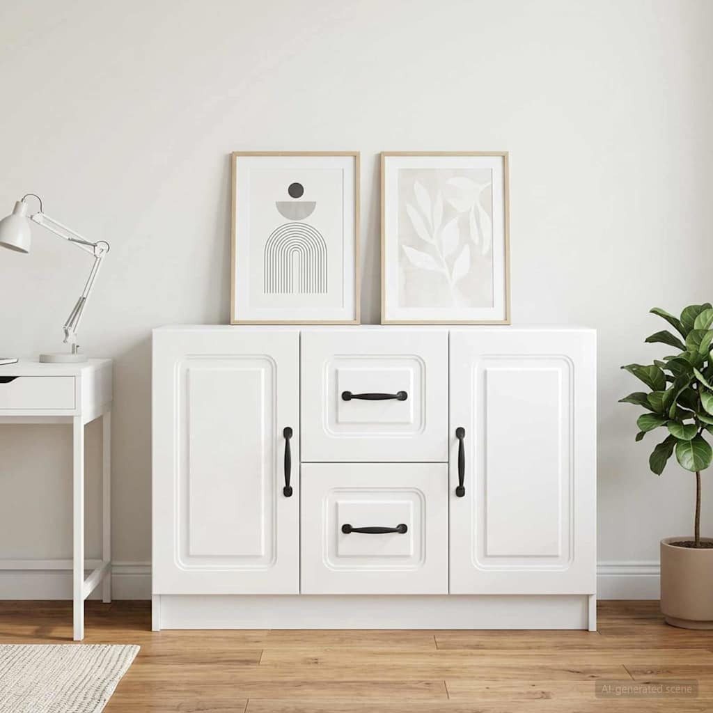 furnicato Sideboard 89 x 34,5 x 57 cm Hochglanz weiß (1 St), Buffet mit Metallgriffen, 2 Schubladen und Pendeltüren für Wohnraum