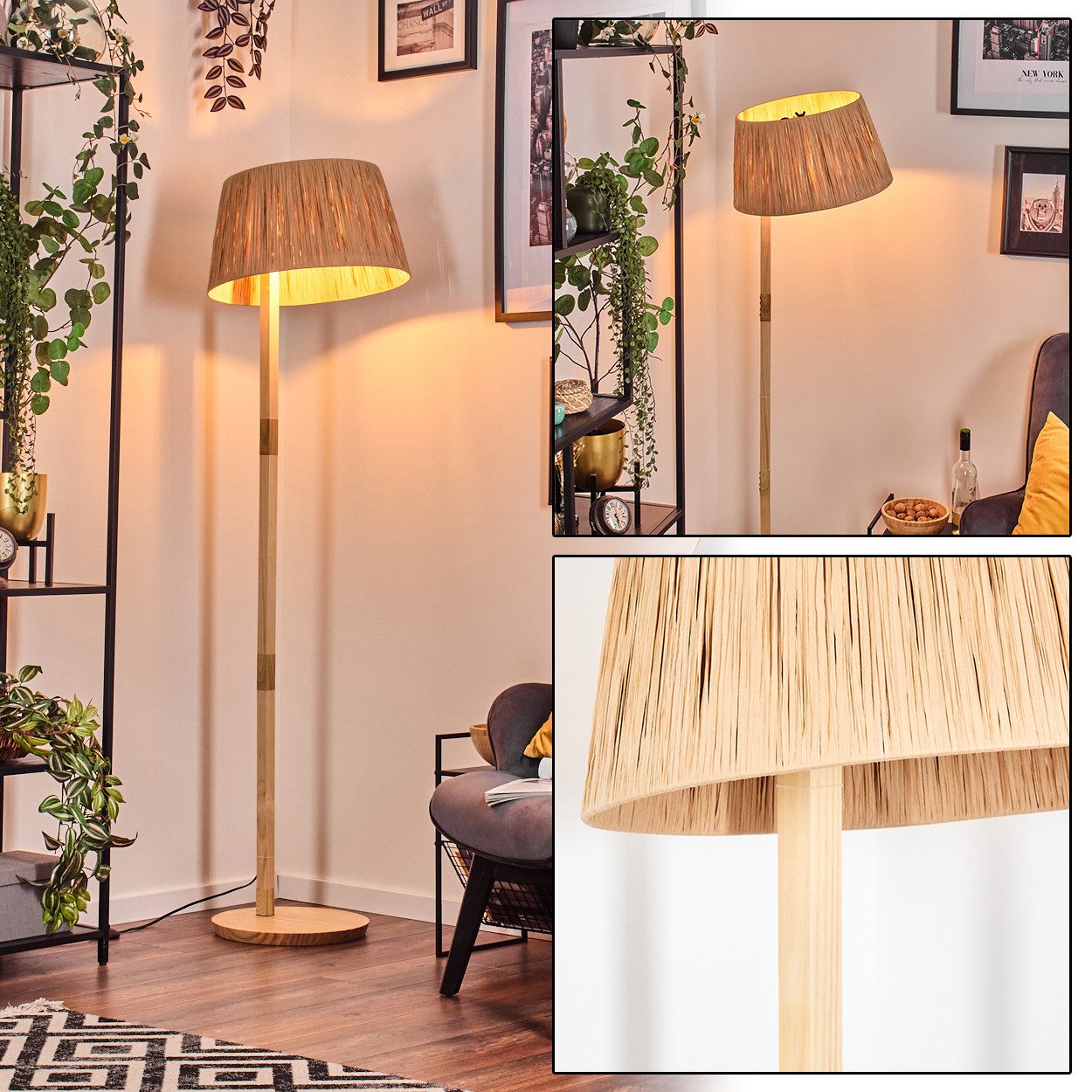 Stehlampe Stehlampe mit Holzfuß und Schirm aus Bast