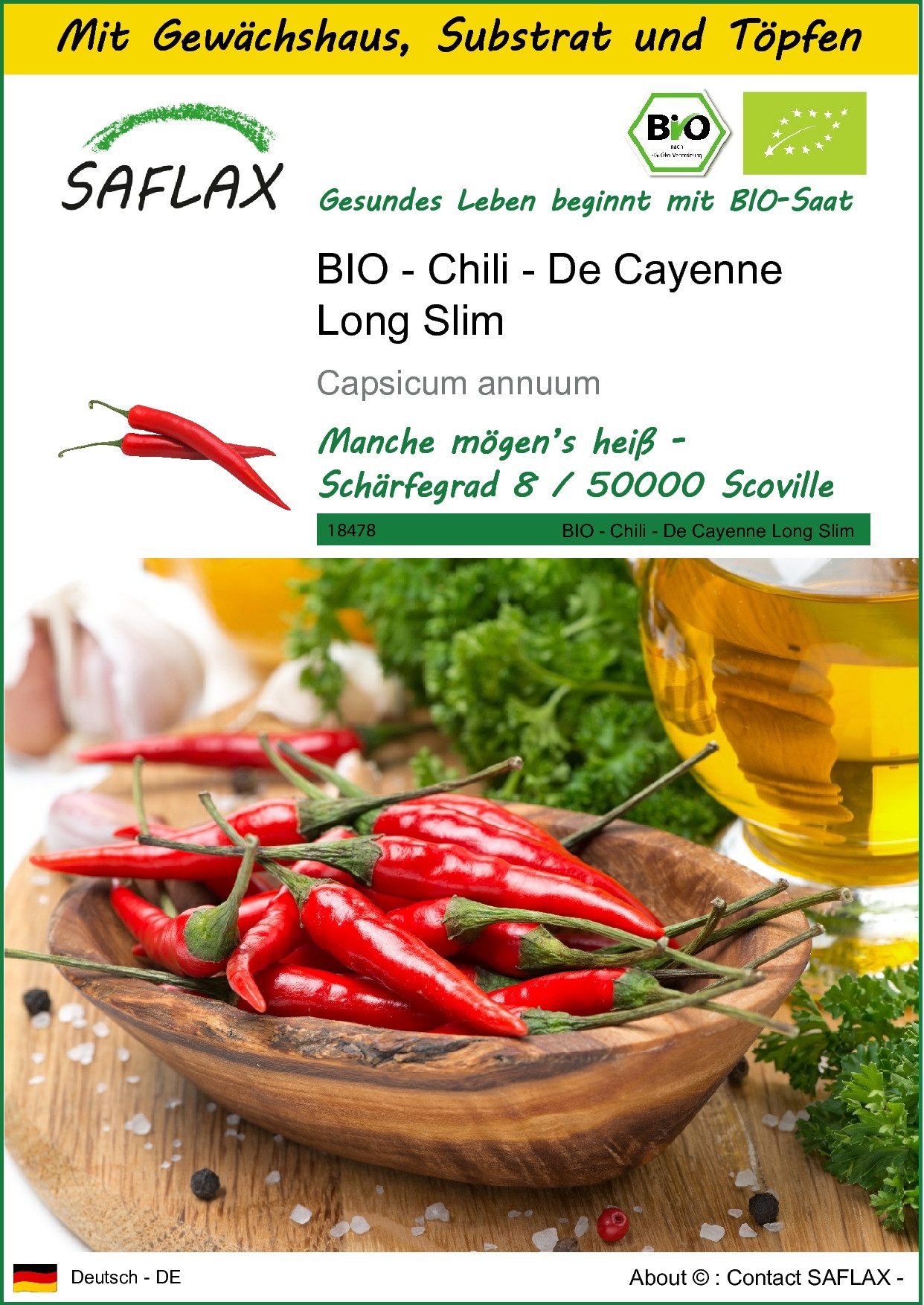 Gemüsesamen SAFLAX - Anzuchtset - BIO - Chili - De Cayenne Long Slim