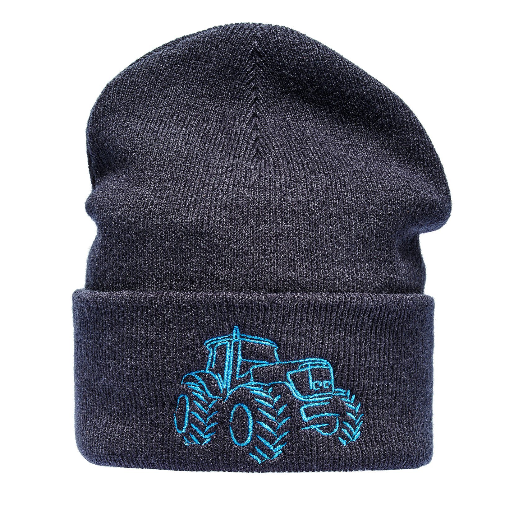 Baddery Beanie Strickmütze: "Traktor" - Trecker Bauernhof Wintermütze Beanie, hochwertiger doppellagiger Strick, Stick-Motiv, One Size