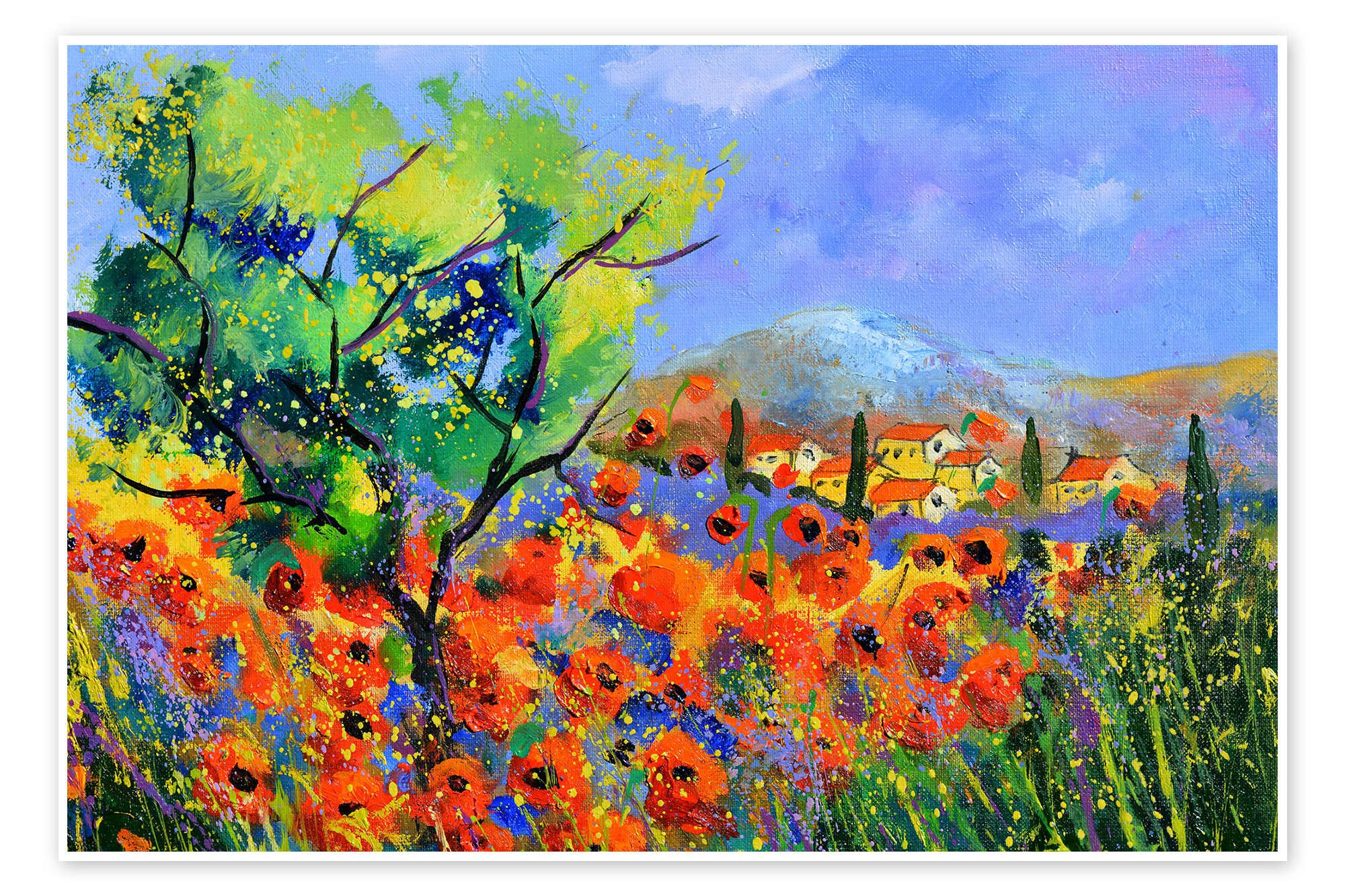 Posterlounge Плакат Pol Ledent, Roter Mohn in der Provence, Wohnzimmer Mediterran Malerei