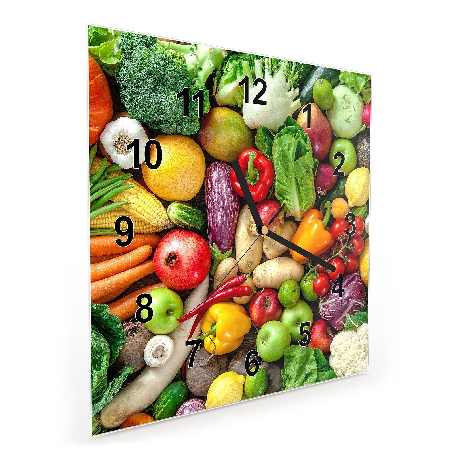 Größe und Wanduhr x mit Wanduhr Primedeco 30 Wandkunst Gemüse Motiv Glasuhr 30 cm Obst