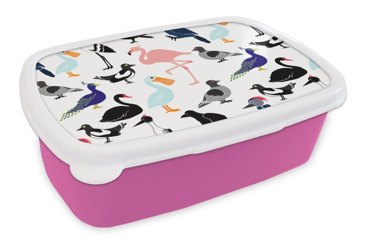 MuchoWow Lunchbox Muster - Vogel - Flamingo, Kunststoff, (2-tlg), Brotbox für Erwachsene, Brotdose Kinder, Snackbox, Mädchen, Kunststoff rosa