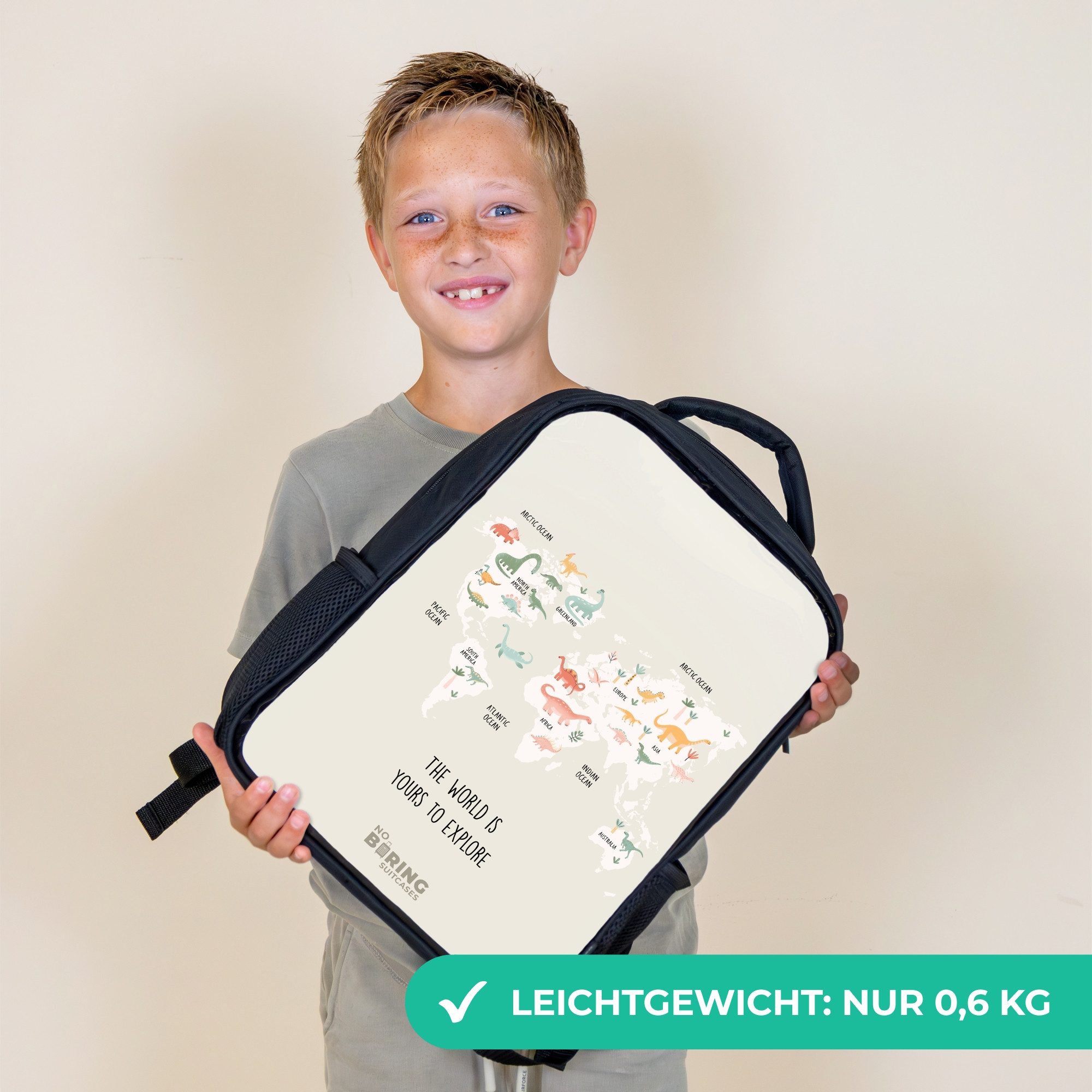NoBoringSuitcases.com© Rucksack Dino-Weltkarte, Kinderrucksack Schwarz, Schulrucksack, Freizeitrucksack Jungen Mädchen