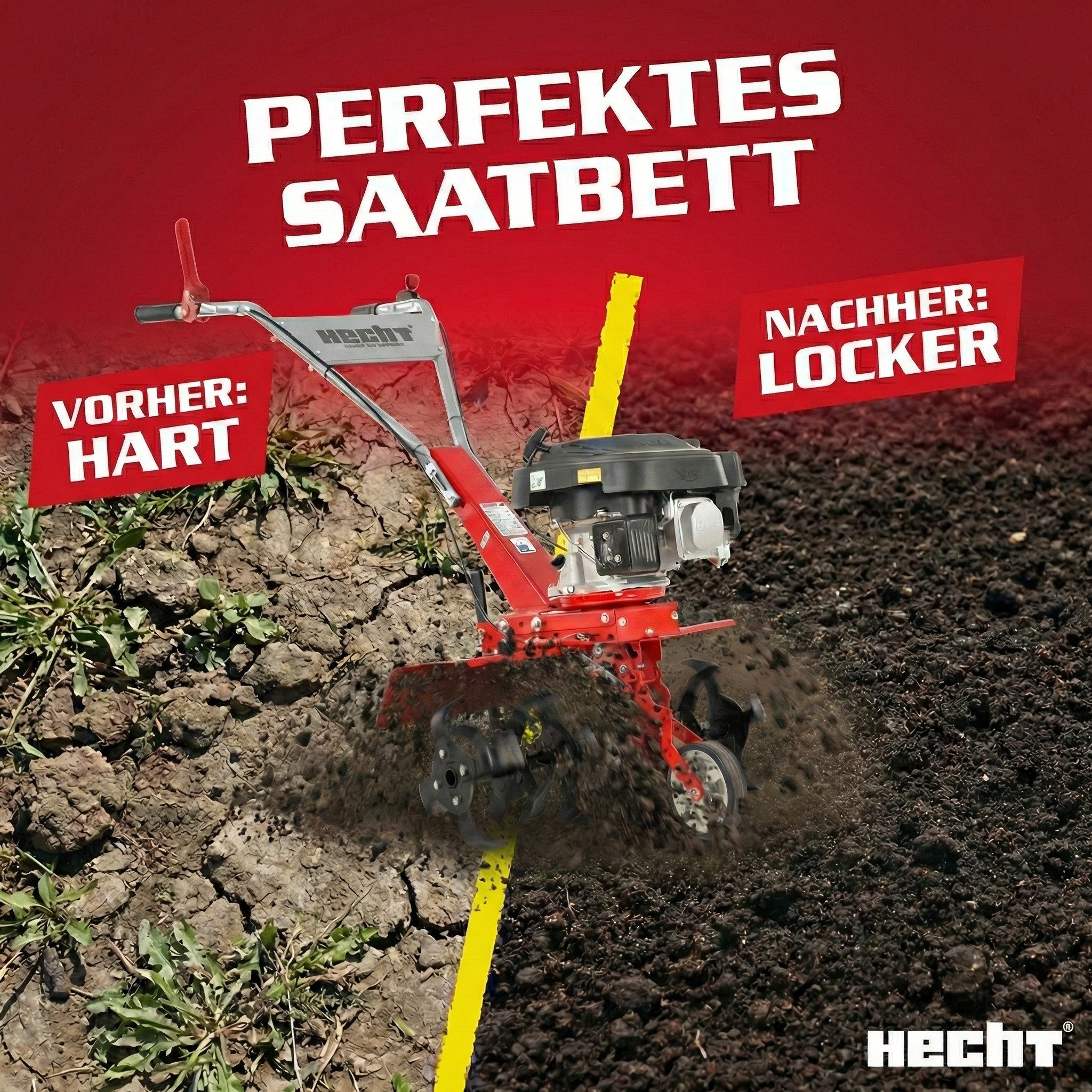 Hecht Gartenhacke Motorfräse Motorhacke Benzin, 25 cm Arbeitstiefe, 3 kW / 4,08 PS, 60 cm Arbeitsbreite, 173 cm³, 145 U/min Werkzeugdrehzahl, mit Führungsrad