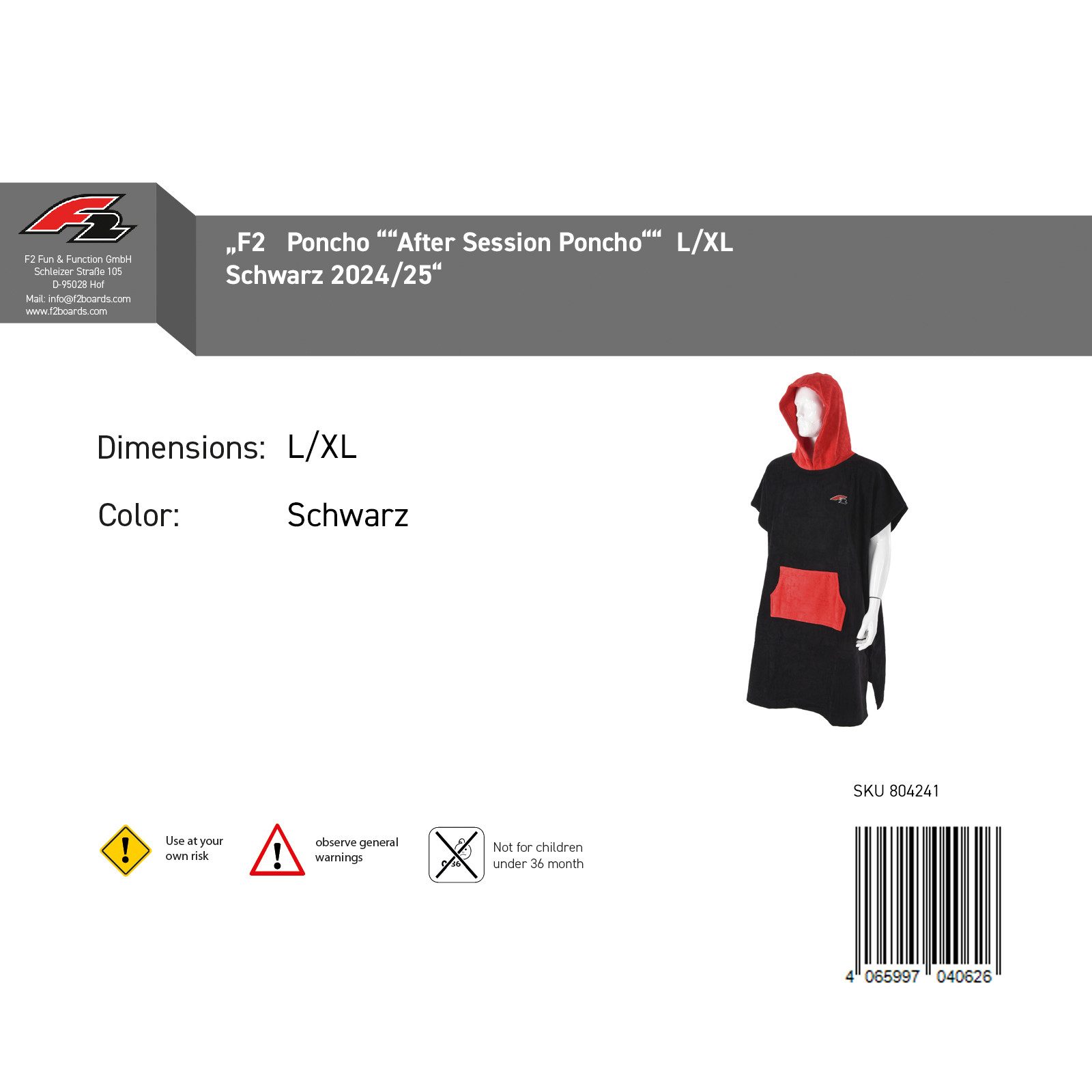 F2 Badeponcho F2 Poncho "After Session Poncho" L/XL Schwarz 2024/25