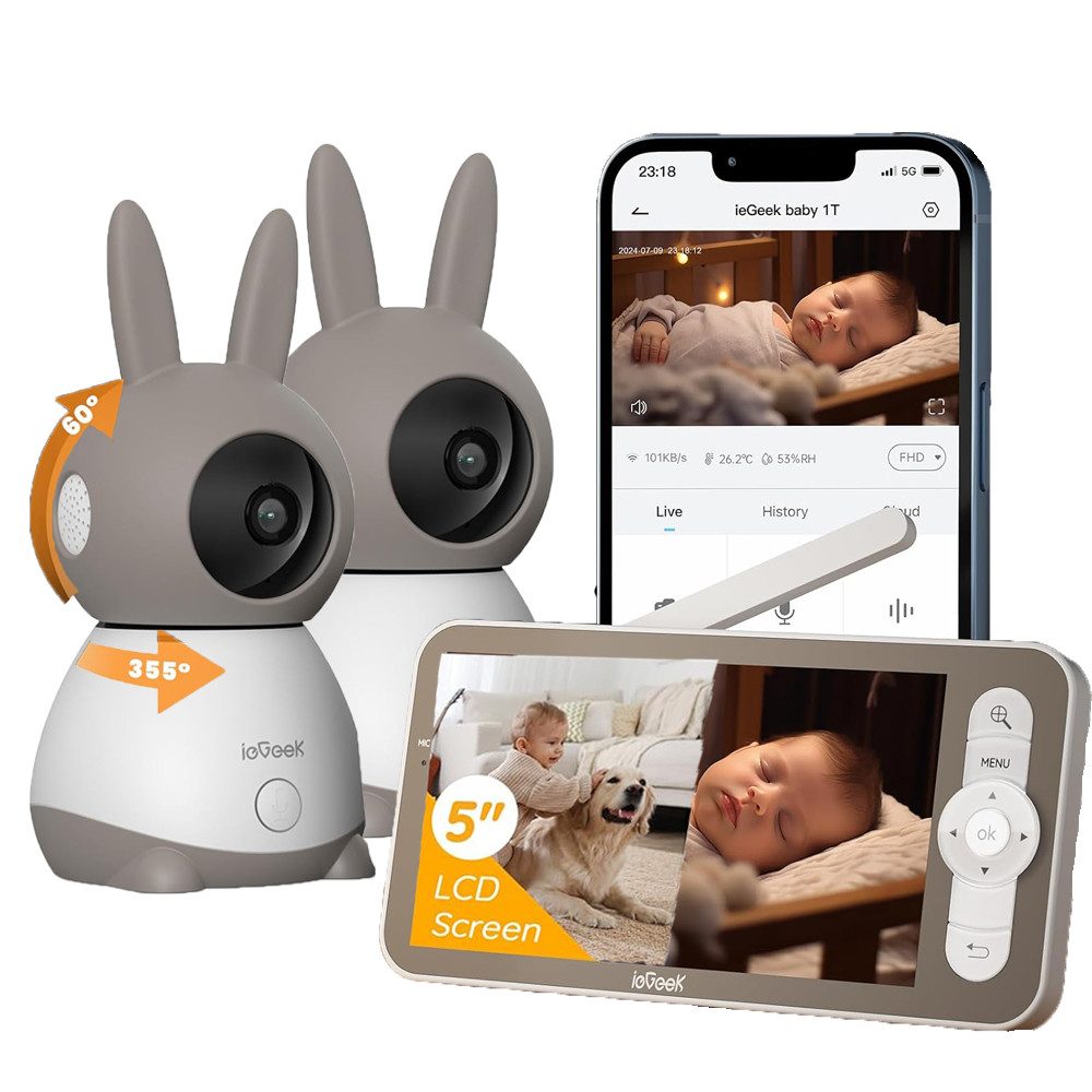 Babyphone Babyphone mit 2 Kameras 5 Zoll 2K Split-Screen-Video-Babyphone mit APP