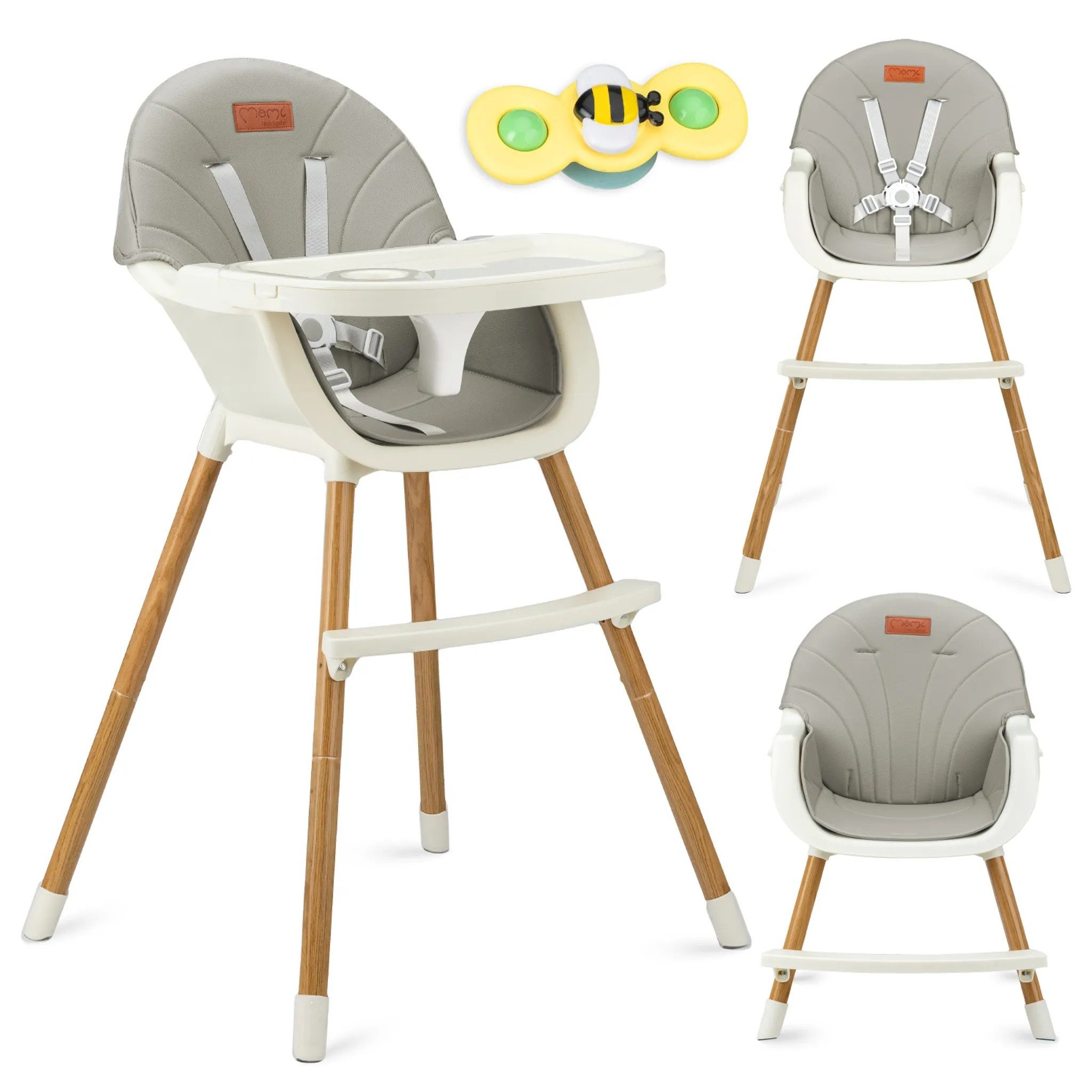 MoMi Hochstuhl REKI Evolutiver Baby Hochstuhl mit 2 Sitzpositionen, Grau, mitwachsend, 2-in-1, doppelte Tischplatte, Becherhalter, stabil