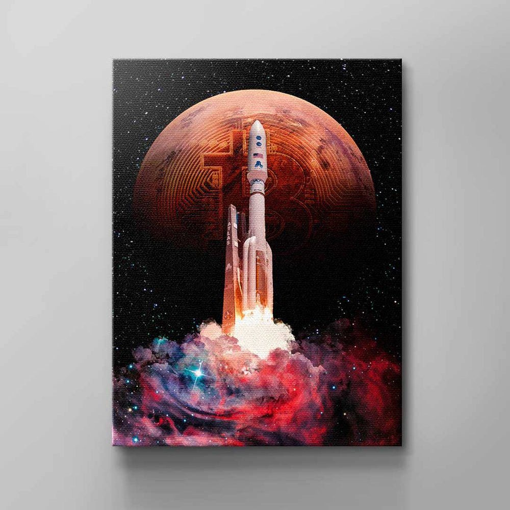 rot schwarz Leinwandbild space Wandbild rauch rocket bunt ohne DOTCOMCANVAS® orange ROCKET, BITCOIN Bitcoin-Krypto b Rahmen