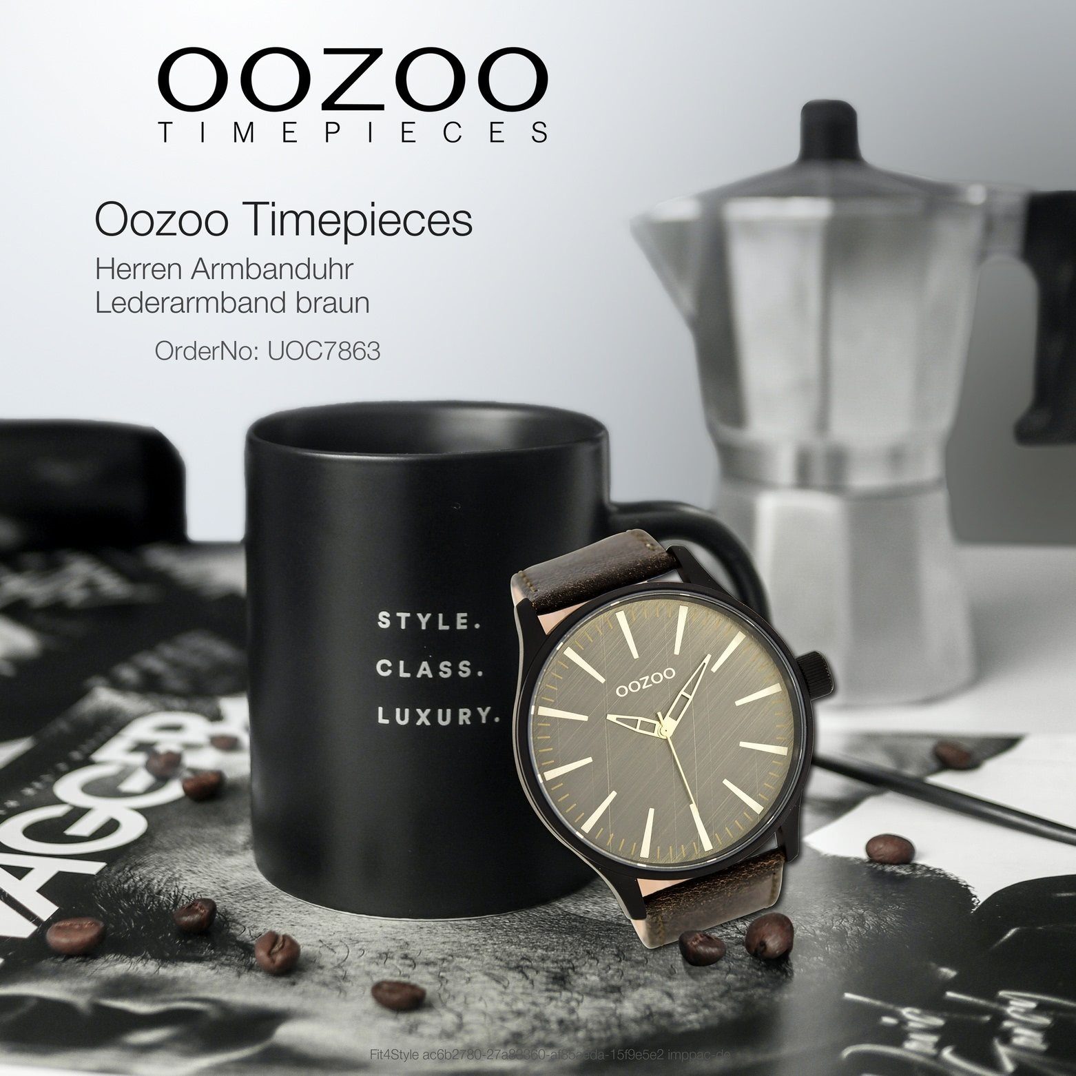 OOZOO Quarzuhr Oozoo Armbanduhr Herren Herrenuhr extra (ca. 50mm) schwarz, Lederarmband, Fashion-Style rund, groß